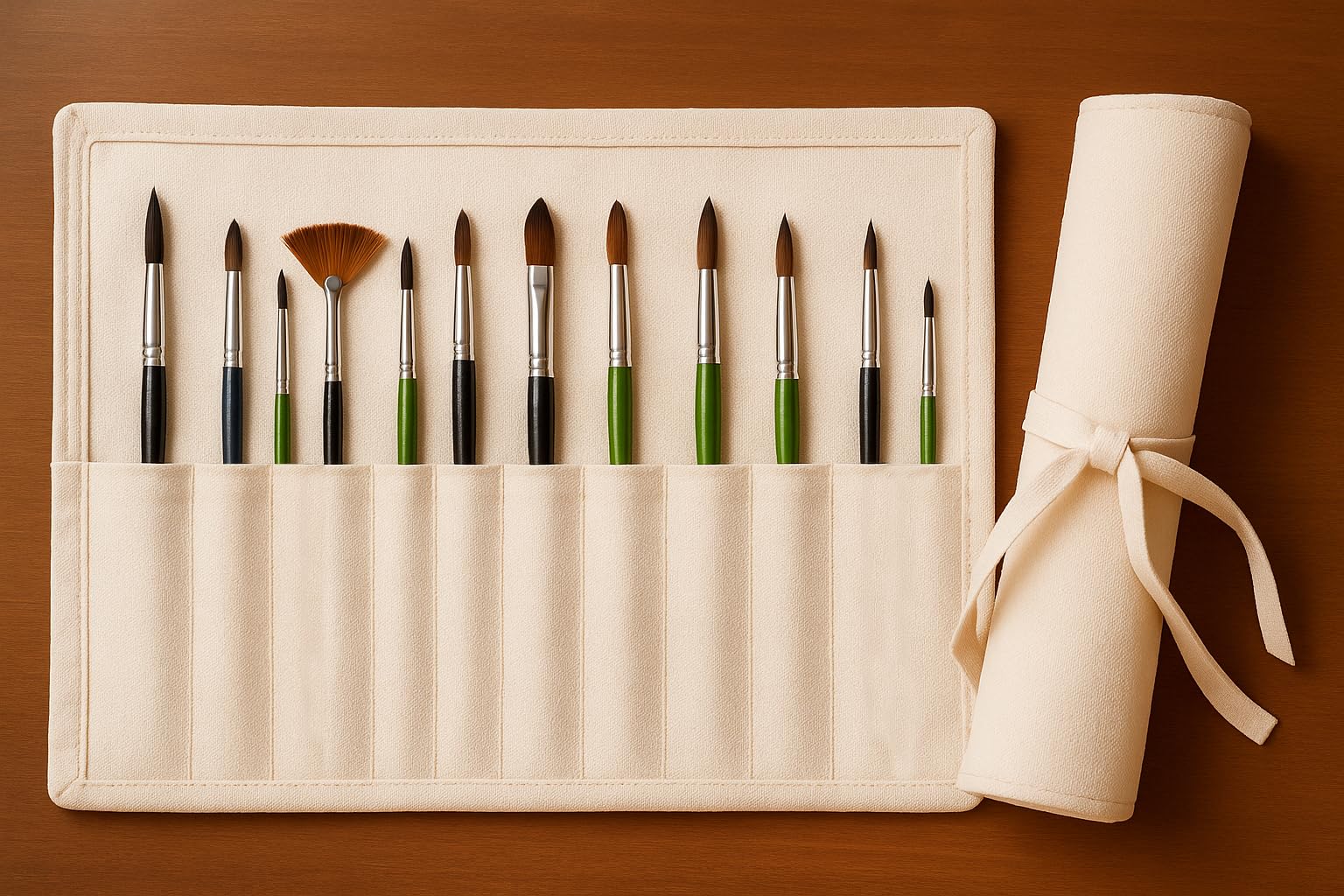 Anvis Brush Roll Up Case | Canvas Painting Brush Stationery Holder Bag | 10 Pockets | 16 In × 12 In | Paint Brushes Not Included, White-image-19