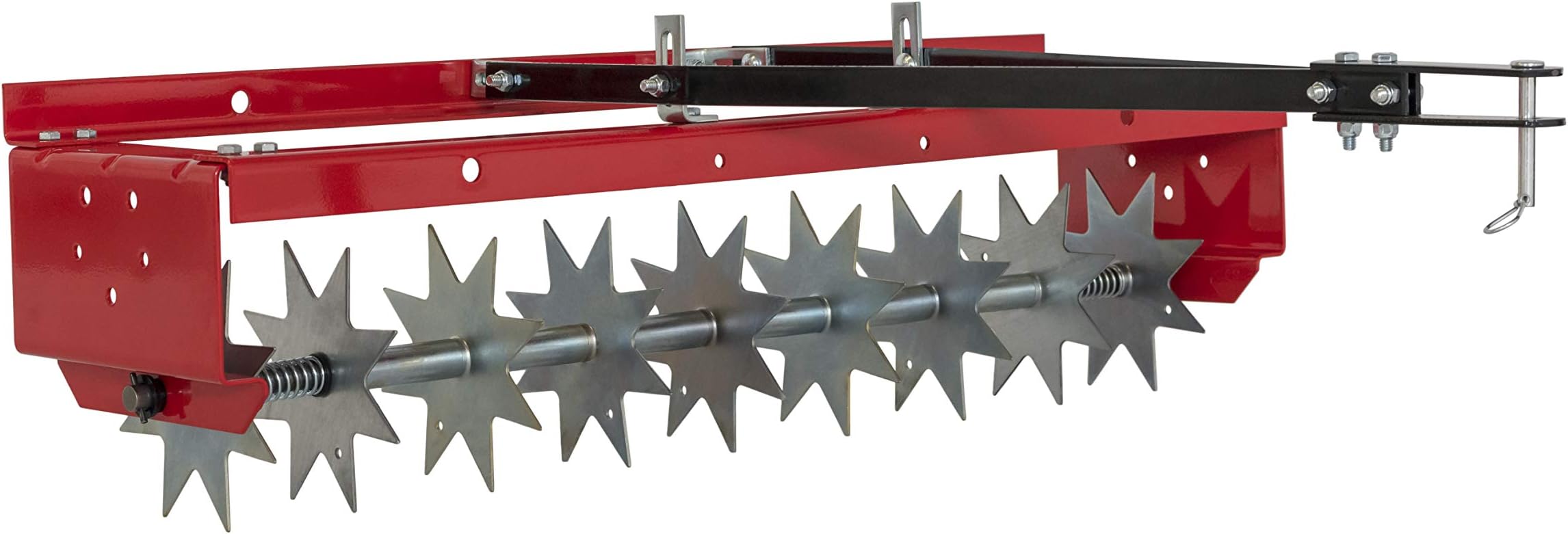 (CMXGZBF7124336), 36-Inch Tow Spike Tow Behind Spike Aerator for Aerating Lawns; 9 Galvanized Steel Disks, 90lbs Capacity Weight Tray for Better Aeration, Universal Hitch, Red