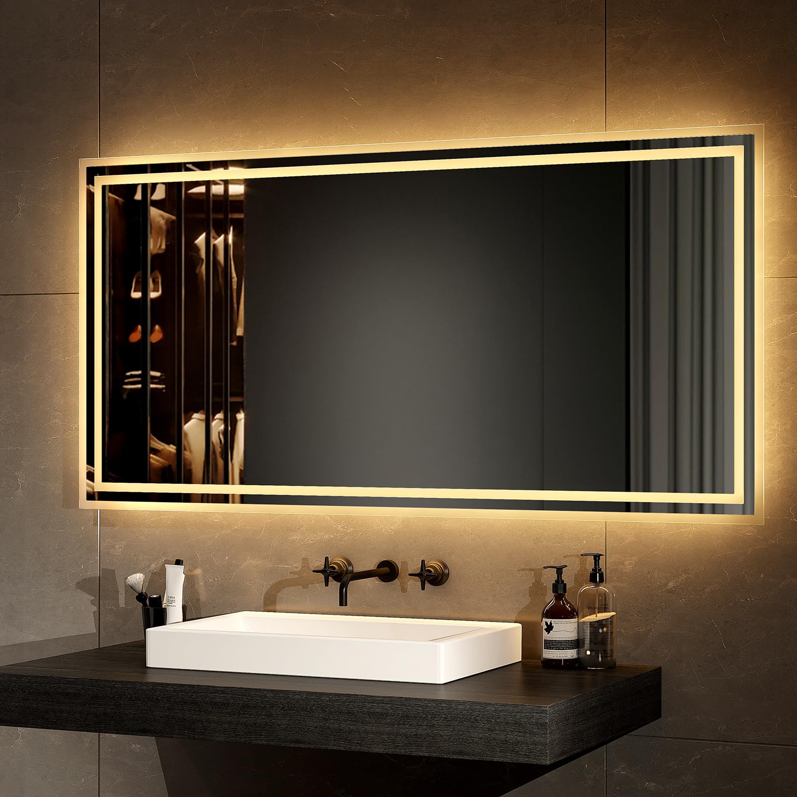 EMKE Espejo de baño 120 x 60 cm, Espejo de baño LED con Interruptor mecánico y antivaho, Dos Colores de luz Blanca y luz cálida