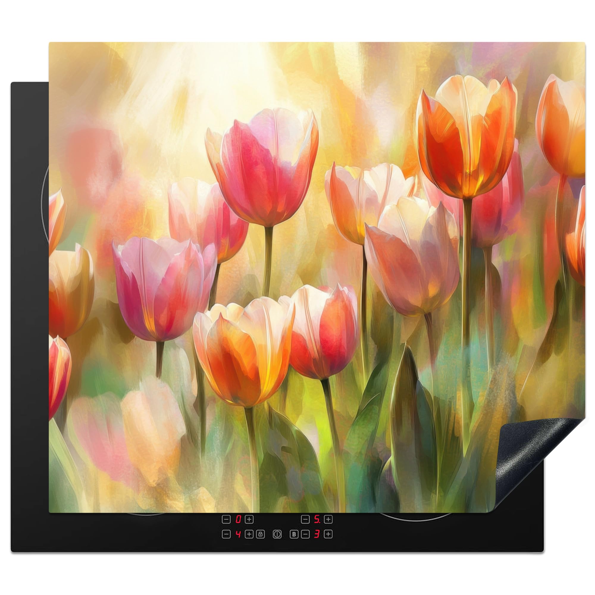 KitchenYeah© Induction Hob Cover Protector Mat 20.2"x22.9" / 58.3x51.3 cm Kitchen Universal Ceramic Covers for Electric Cookers Vinyl Tulips - Fairytale - Colourful