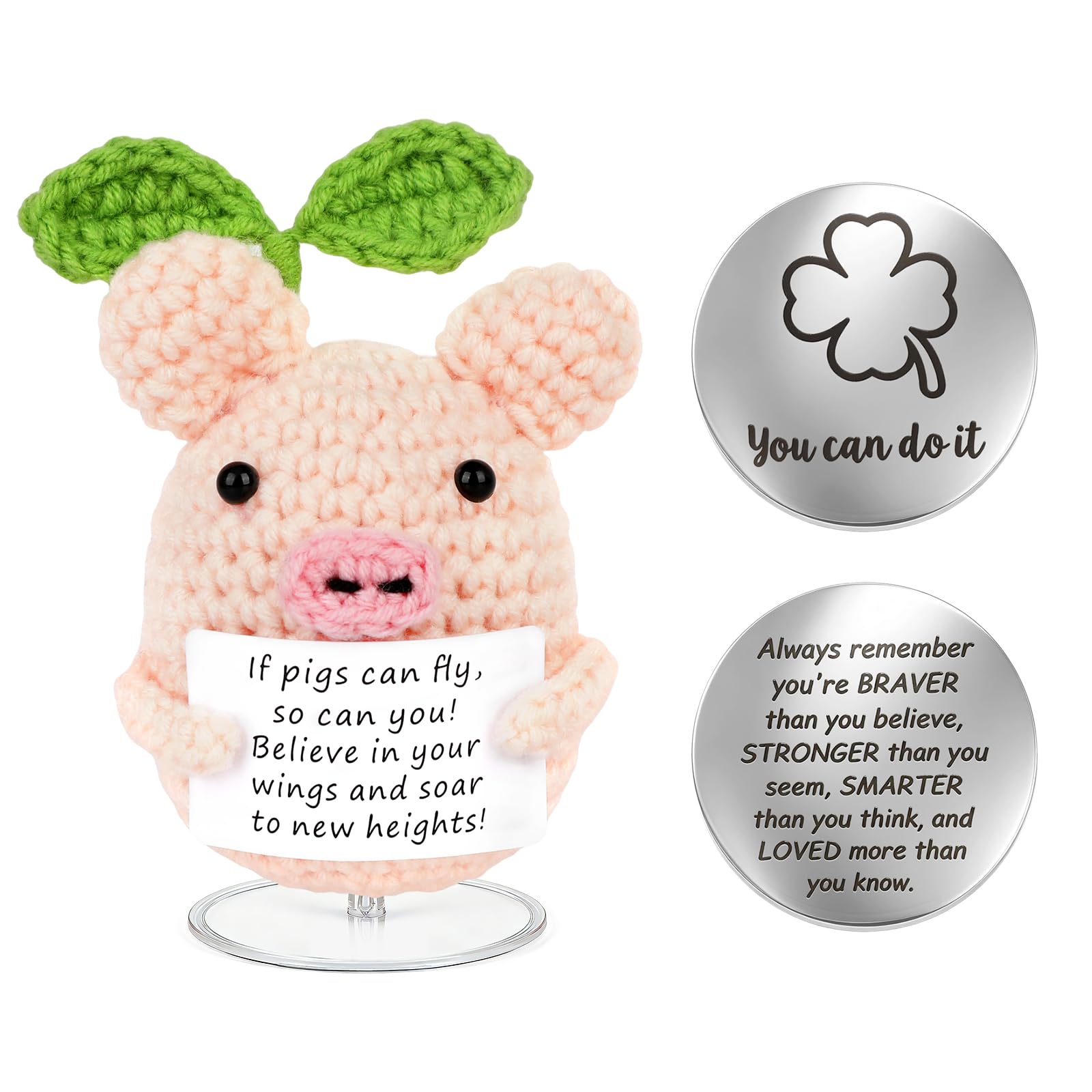 ZCOINS Cute Crochet Pig with Lucky Coin Token Hug Emotional Support Gift