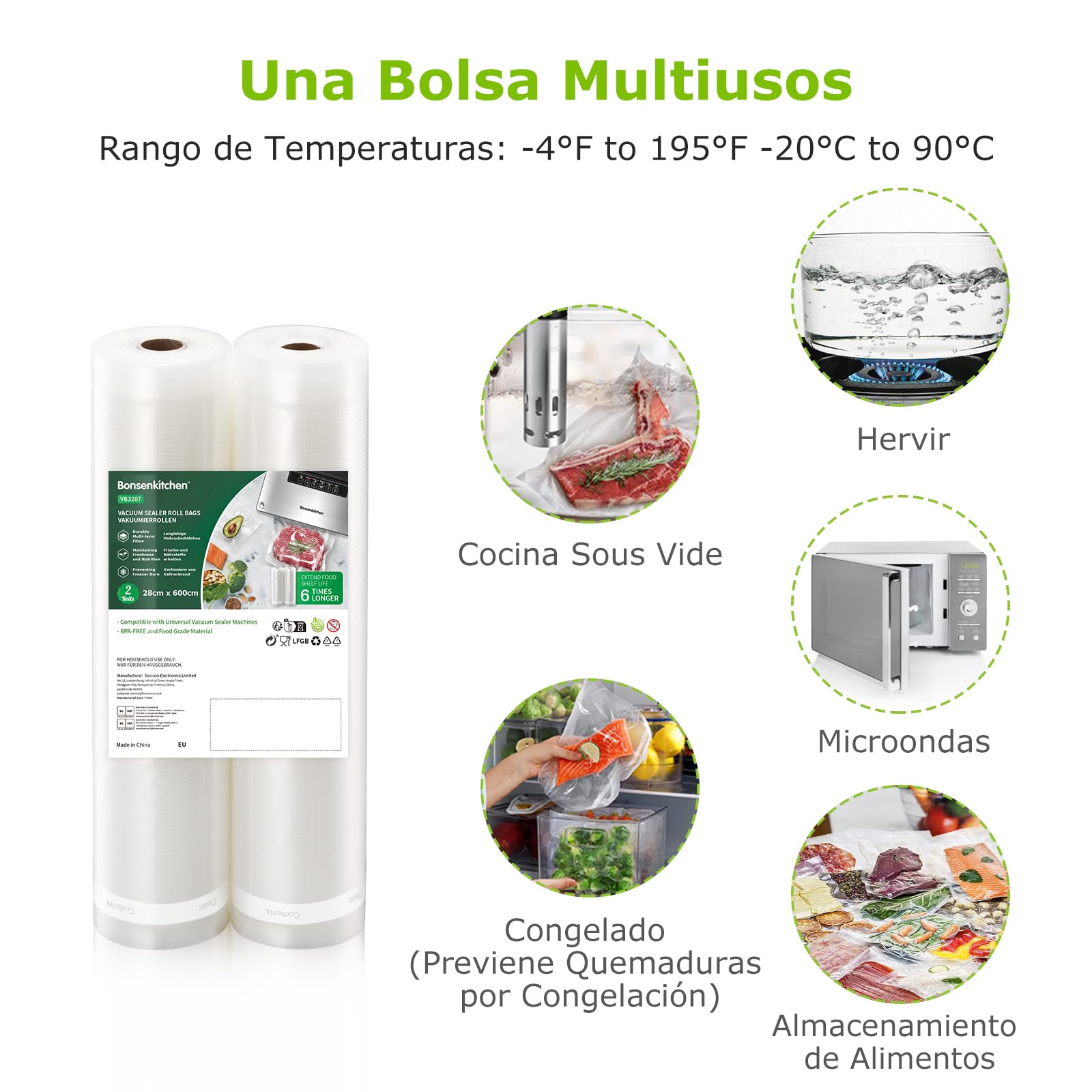 Bonsenkitchen Rollos al Vacío 28x600cm Bolsas Gofradas para Envasadora VB3207