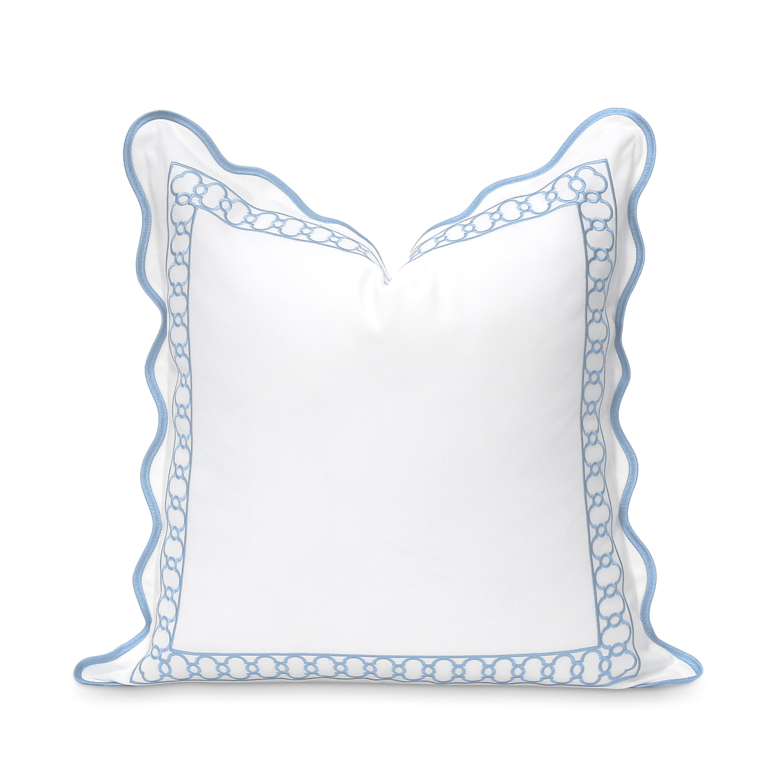 Hofdeco Premium Coastal Patio Indoor Outdoor Scalloped Throw Pillow Cover Only, 20"x20" Water Repellent for Backyard, Couch, Baby Blue Embroidered