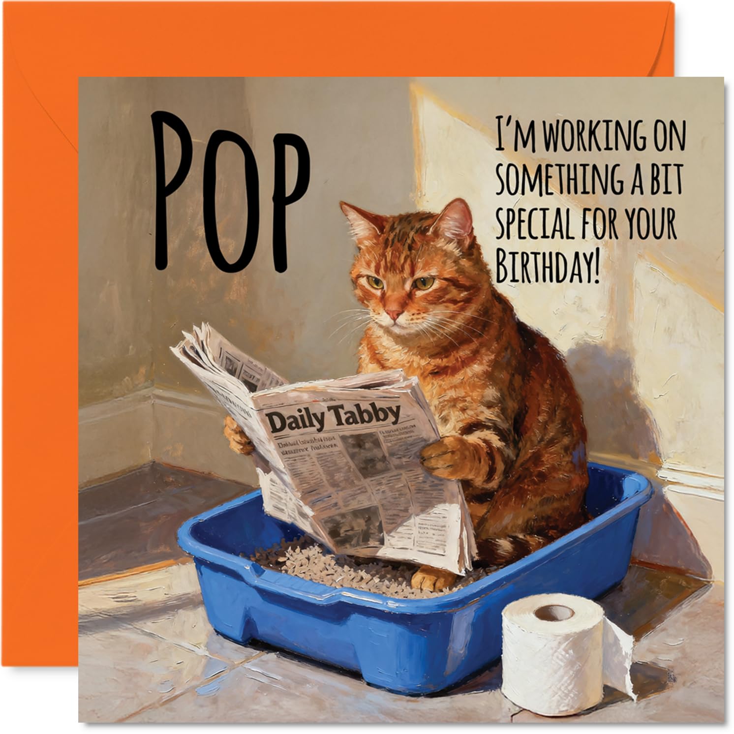 Pop Birthday Card - Working on Something Special - Happy Birthday Card for Pop from Son Daughter, 145mm Funny Cat Litter Tray Humour Bday Greeting Cards