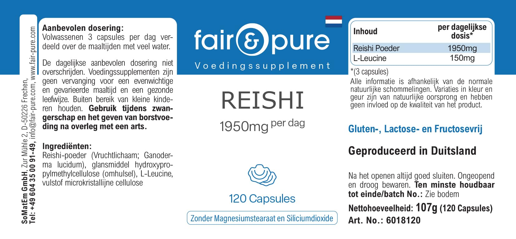 Fair & Pure® - Capsule di Reishi 1950 mg - 120 capsule - Ganoderma lucidum - Fungo medicinale - Altamente dosato - Vegano