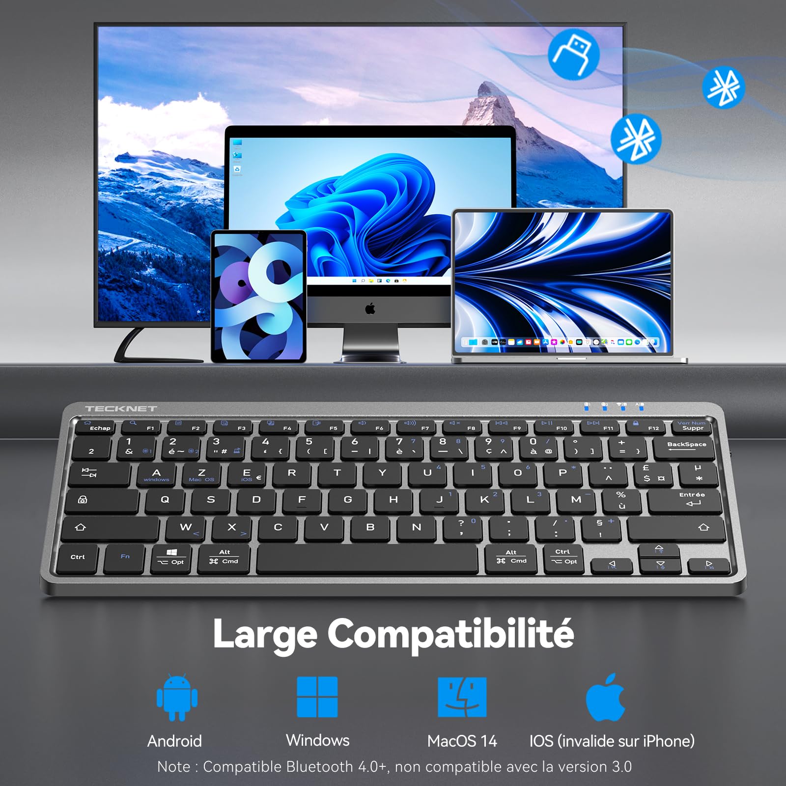 TECKNET Clavier sans Fil Bluetooth pour 3 Appareils (BT5.1/5.1+2.4GHz), France AZERTY Mini Clavier Rechargeable, 18 Raccourcis Multimédias, Clavier Silencieux pour iPad, Windows, iOS, Android