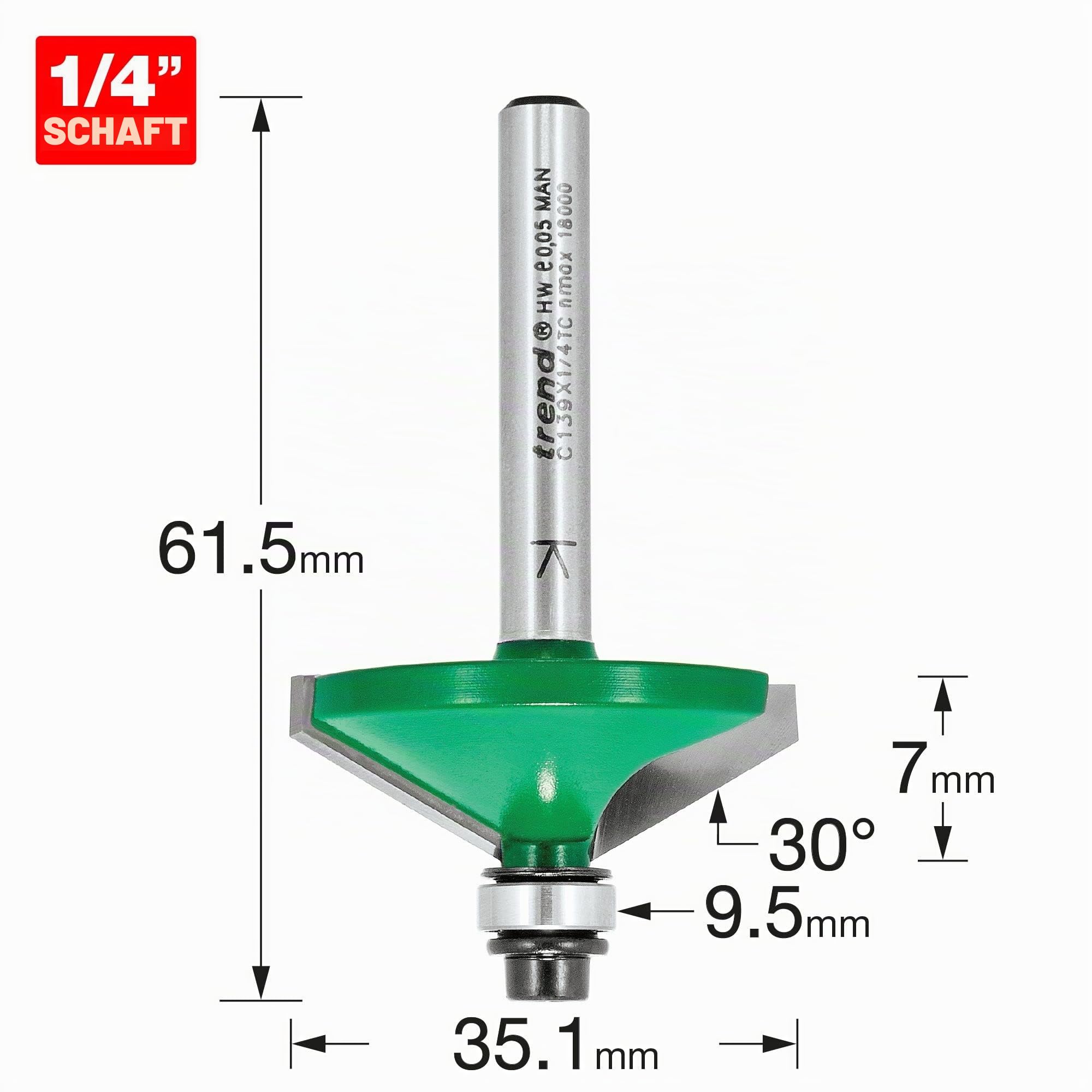 Trend CraftPro Fasenfräser-Bit, 1/4-Zoll-Schaft, 35,1 mm Schnittdurchmesser und 30-Grad-V-Nut, Wolframkarbidspitze, C139X1/4TC