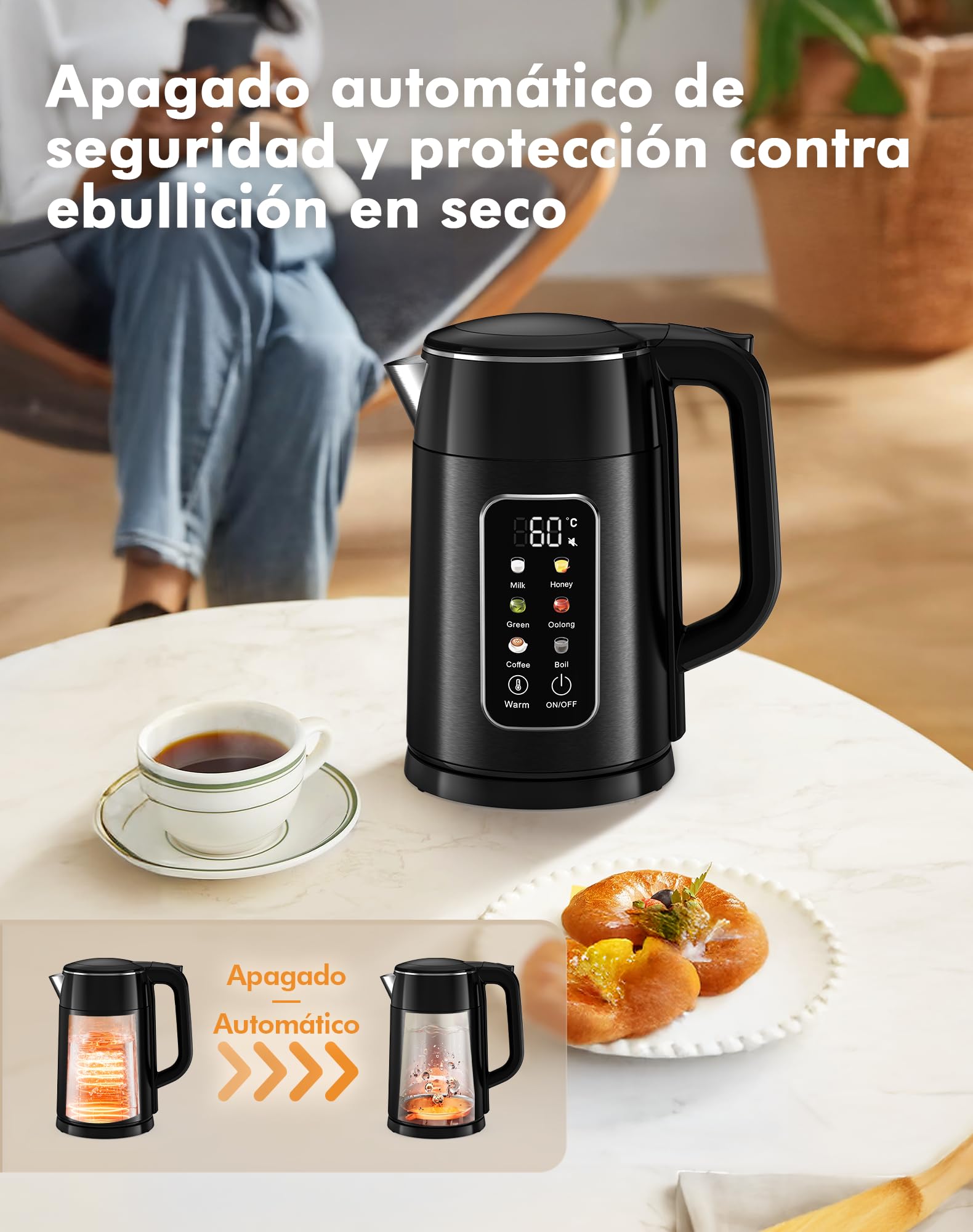 Hervidor de Agua Eléctrico 1,7L 2200W con Control de Temperatura y Pantalla LED - Acero Inoxidable 304 Libre de BPA, Doble Pared Tacto Frío, Función Mantener Calor 2H, Apagado Automático (negro)