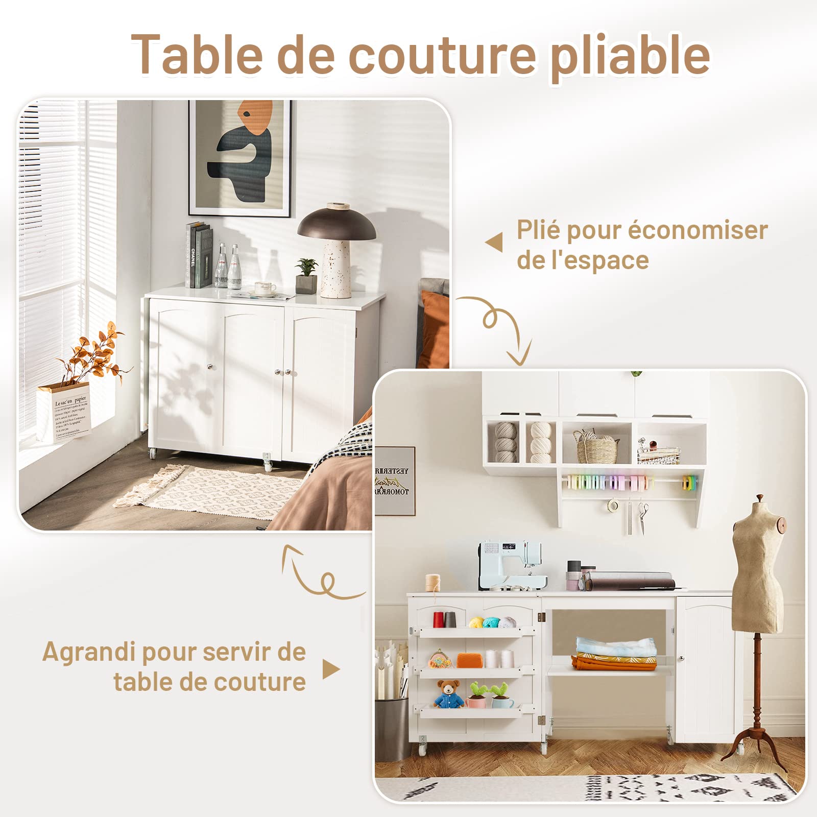 COSTWAY Bureau Pliable, Table de Couture Pliable pour Machine à Coudre, 3 Etagères pour Bobines, roulettes Universelles Verrouillables, pour Salon, Bureau, Studio, 50 x 158 x 75 cm, Blanc