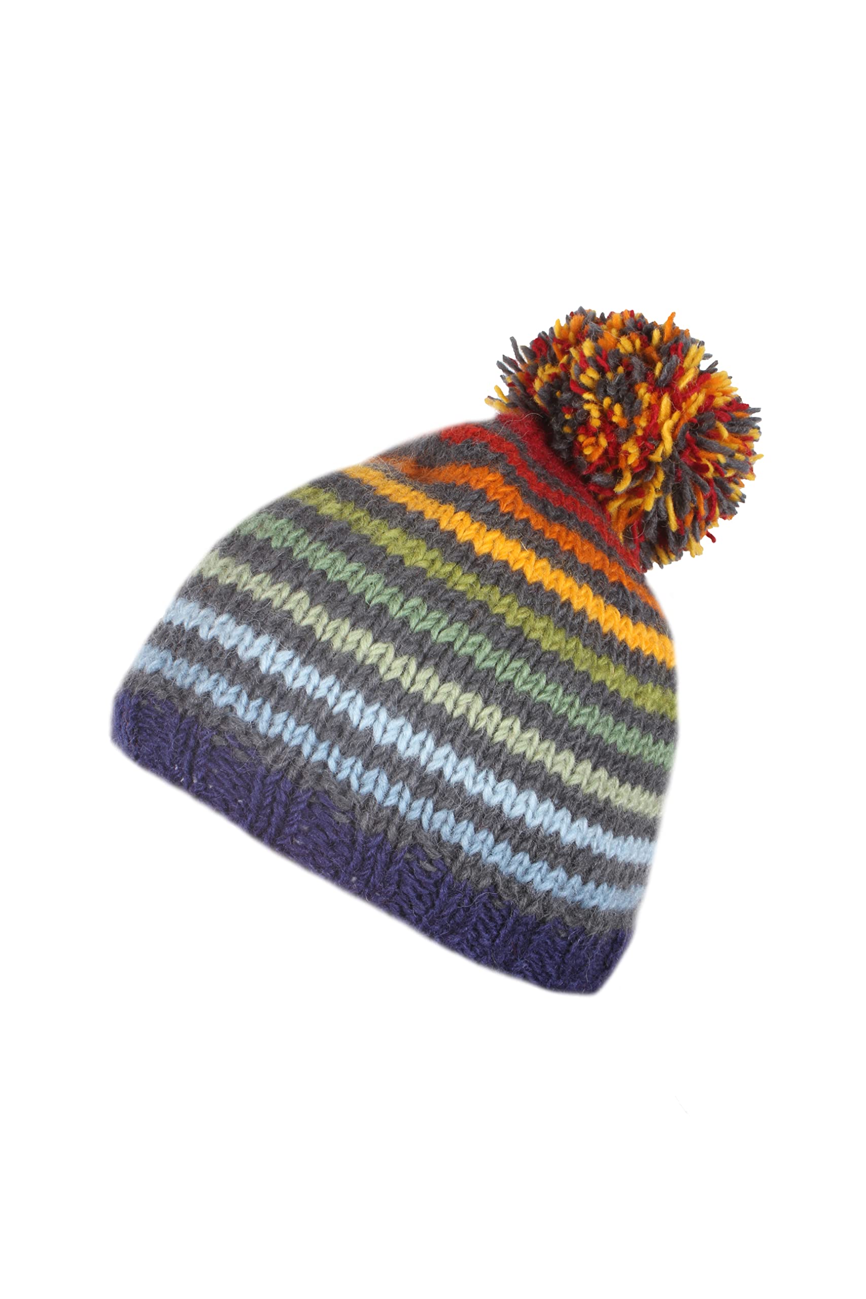 Pachamama Women Wool Beanie Bobble Hat Sherpa Fleece Lined Handknitted Multicoloured Striped One-Size Handmade Extra Warm Fair Trade