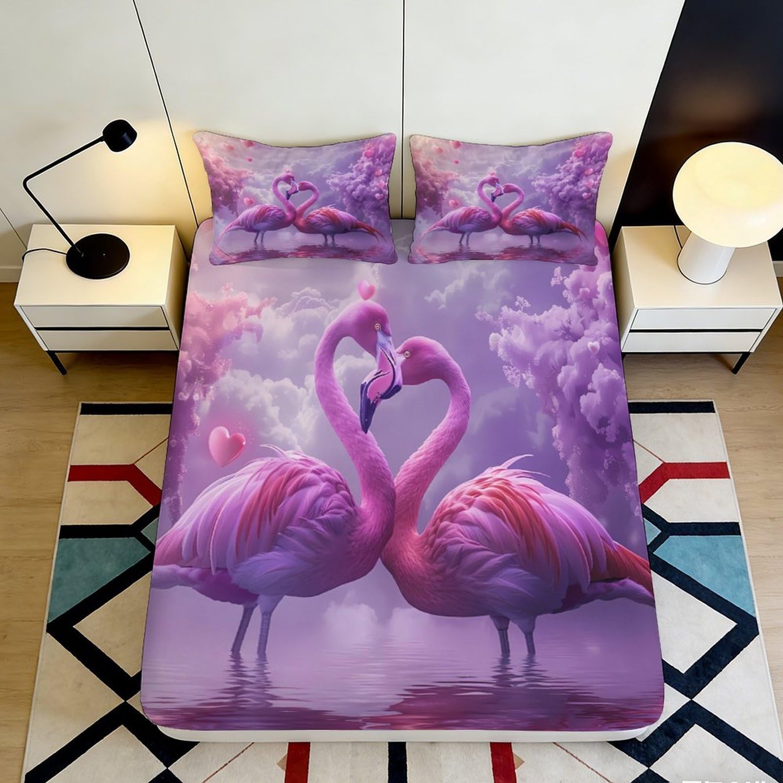 3D Printed Pink Flamingo Fitted Sheet Microfiber Deep Pocket Bedroom Bedding Flamingo Mattress Fitted Cover Non-Slip Elastic Hem for Adults 90x200x25cm