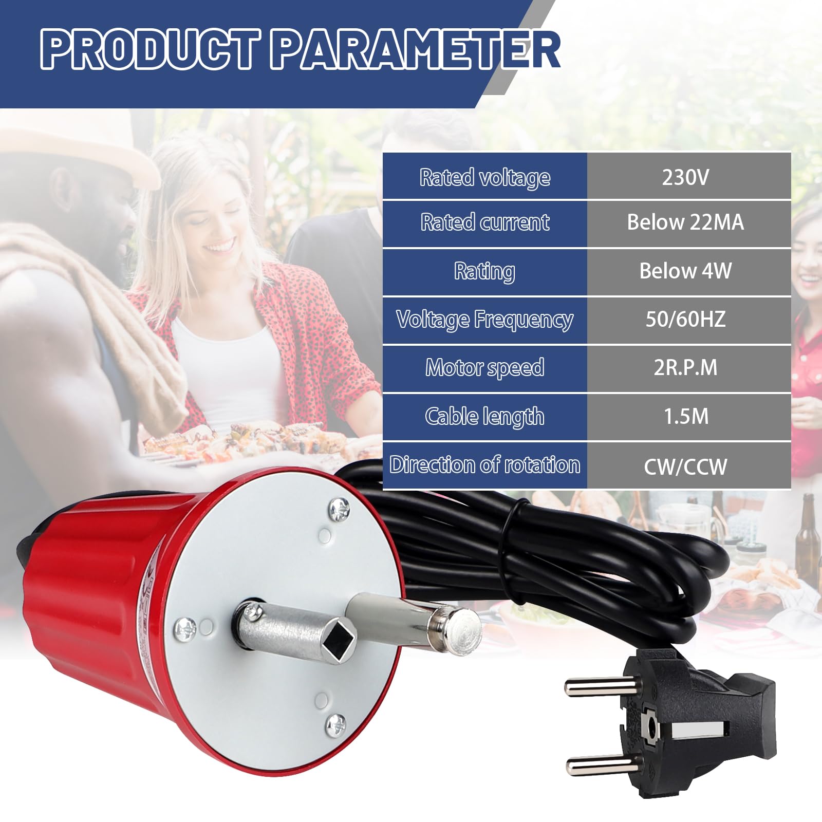 EXLECO Moteur de Barbecue Moteur électrique de Gril Rôtissoire DC 220V 230V 240V à Faible Bruit Motor Rotateur destiné à Barbecue extérieur Portables Accessoire pour Support de Rôti de Barbecue Rouge