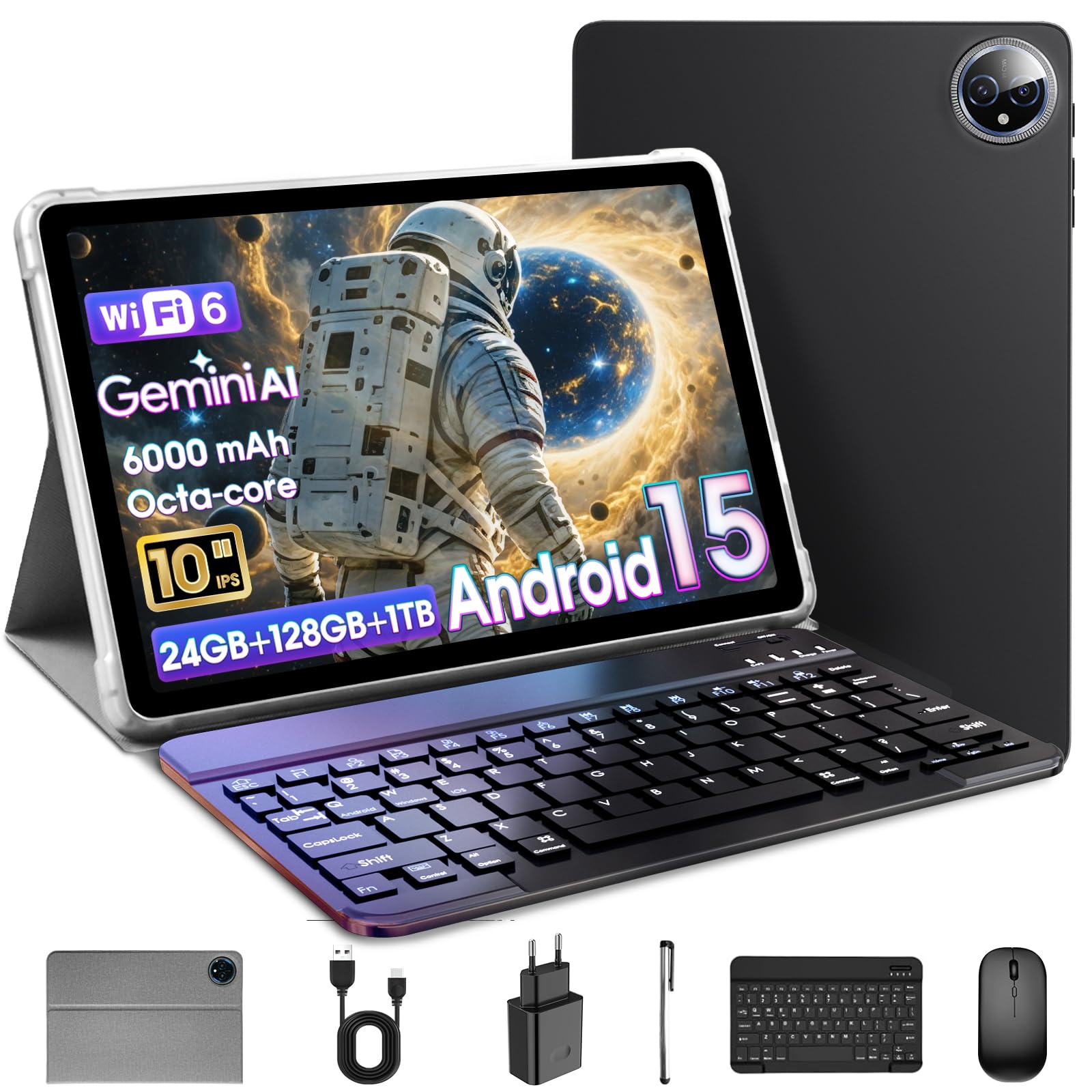 Raemond 10 pollici Android 15 Tablet,24 GB RAM + 128GB ROM （1TB TF）,T615 Octa-core CPU,1280x800 IPS HD Display,WiFi 6, BT 5.4, 5MP+ 8MP Camera,Gemini Ai,GPS,2 in1Tablet con Tastiera Case Mouse Stylus