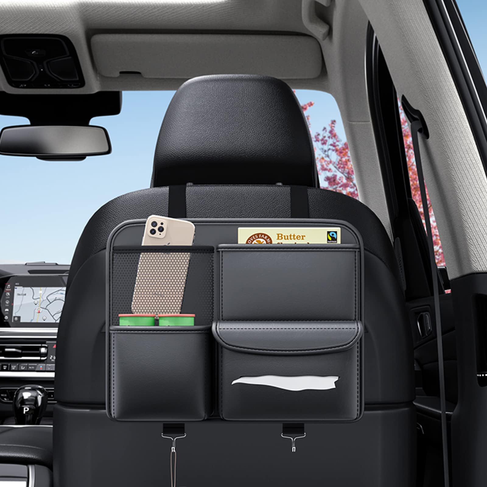 TERRIFI Leather Car Backseat Organizer - Hanging Seat Storage Bag for Snacks, Drinks, Toys, Magazines - Keeps Car Clean and Tidy - Essential Travel Accessories, Black