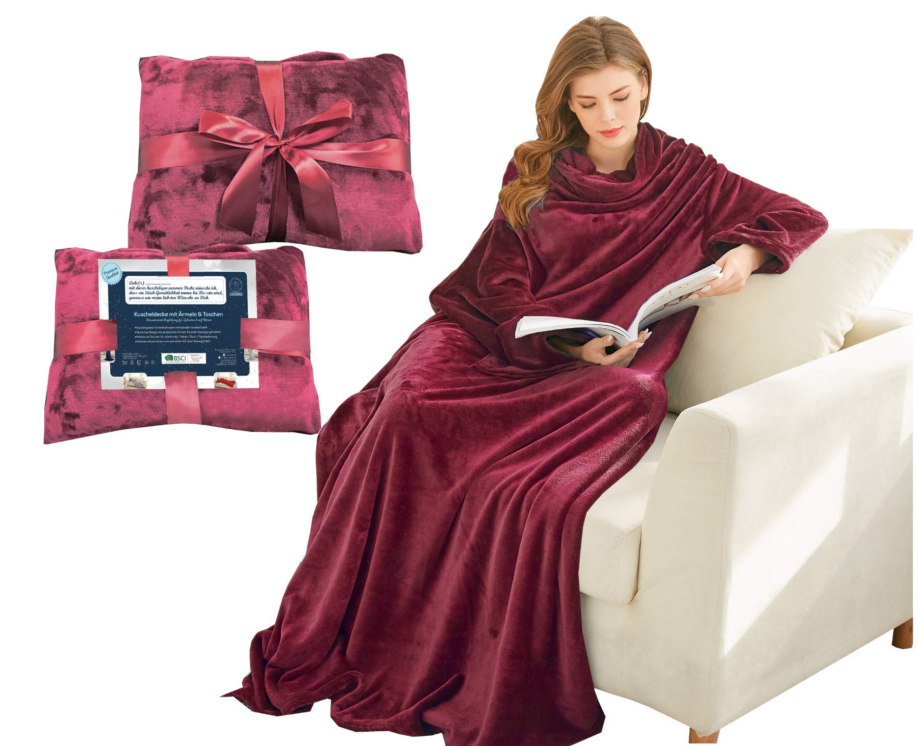 Lucadeau Super Soft Cuddle Blanket With Sleeves – Cozy Gifts For Women, Mum, Sister | Red 150x200 Cm - View #13