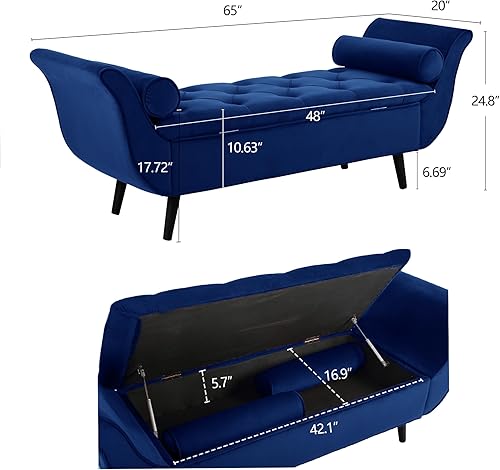 Miniatura 8 de Banco de almacenamiento de terciopelo para dormitorio, color rojo, tapizado con botones, otomano, reposapiés, brazo enrollado, patas de madera maciza