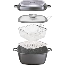 STONELINE Multi-angle poel, 28 x 28 cm, avec fonction vapeur et friture, adapte a l'induction, fonte d'aluminium, revetement anti-adhesif avec de vraies particules de pierre, grisF