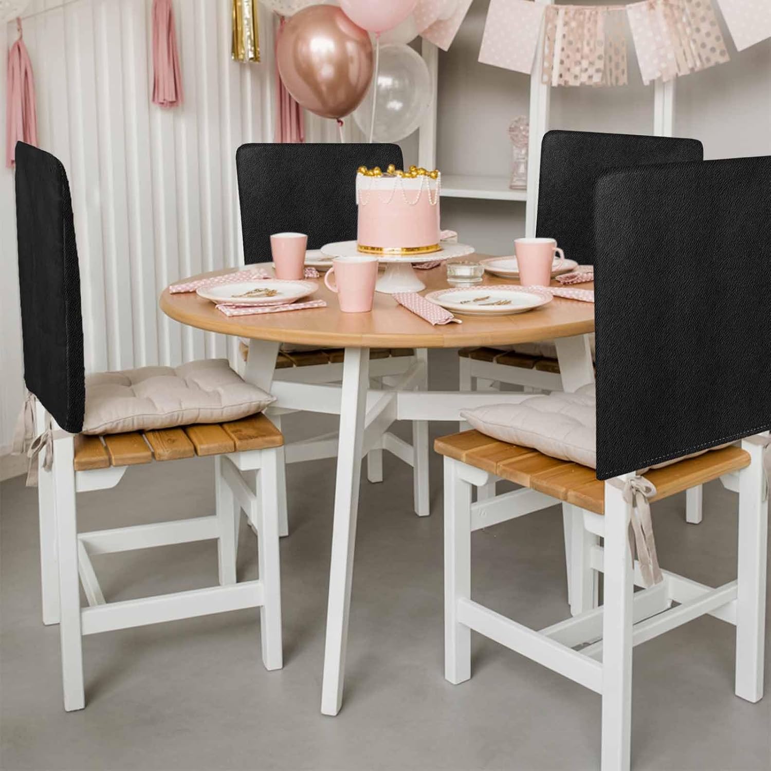 Dining Room Chair Back Covers Set of 4 Vintage Solid Black Leather Removable Kitchen Chair Seat Covers Protector Retro Cowhide Texture Slipcovers for Weeding Holiday Party Decor