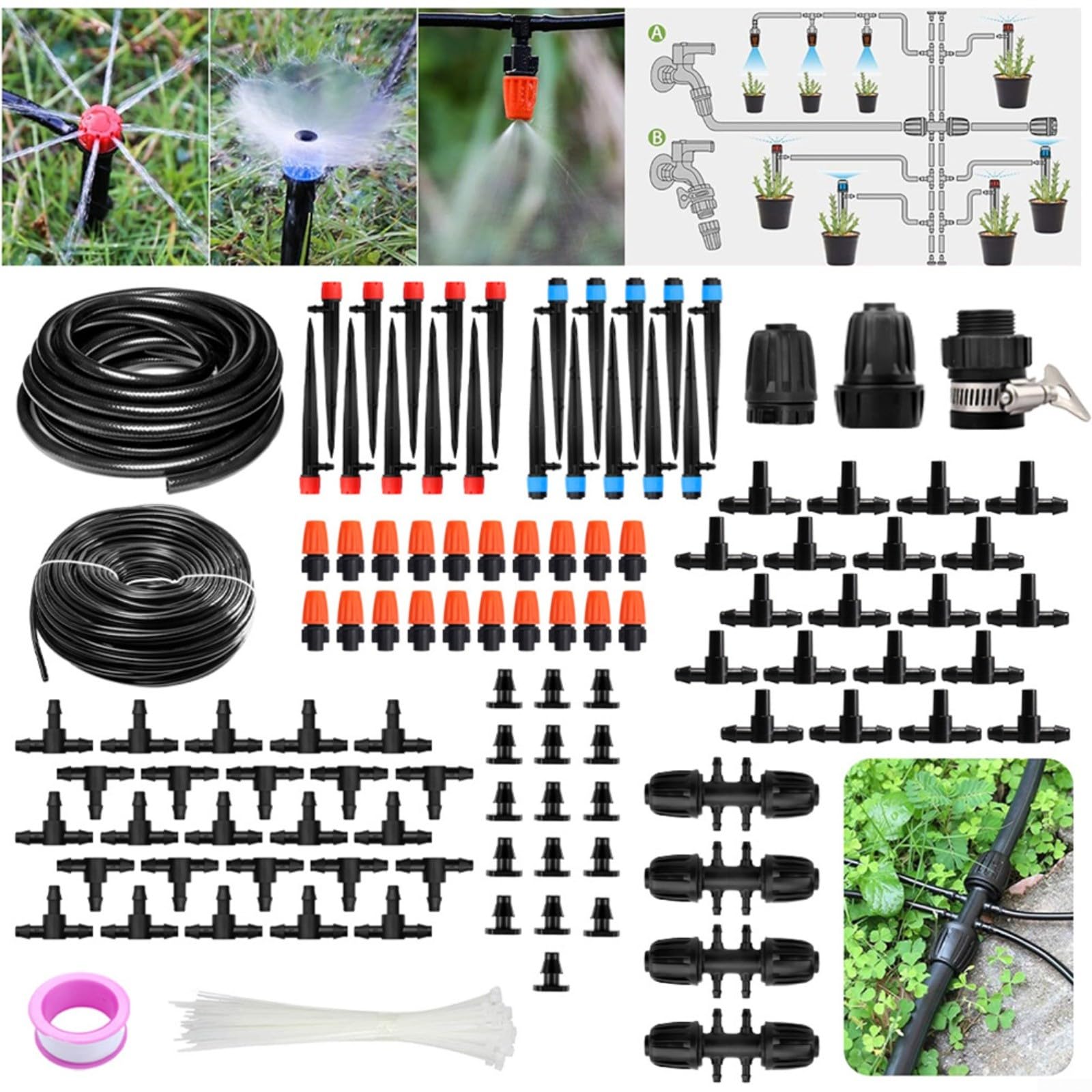 Kit de riego automático por goteo para sistema de riego de invernadero de 15 m, con rociadores ajustables, para césped, patio, plantas, nebulización, refrigeración agrícola (30 m)