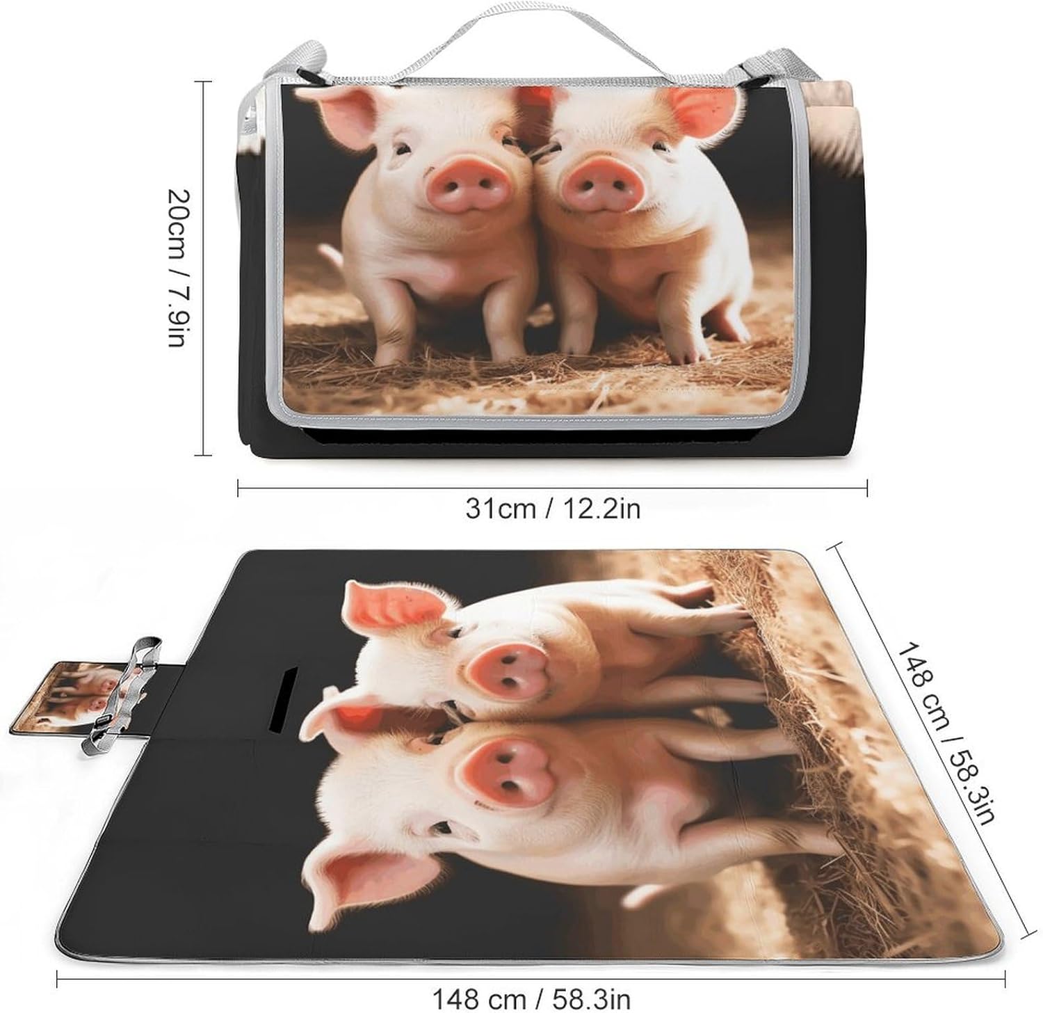 Cute Pigs Beach Blanket Thickened Foldable Camping Mats Soft Lightweight Beach Pad Square Picnic Blankets with Shoulder Strap for Park Grass Patio Hiking