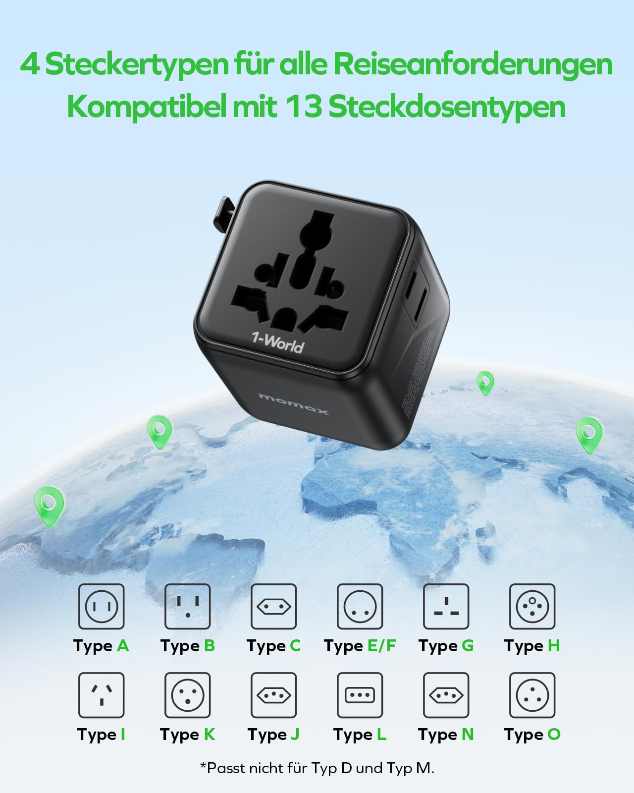 MOMAX Klein Reiseadapter Weltweit, 2 AC Travel Adapter Worldwide, 2-in-1 Universal Adapter für EU UK USA Japan (Ohne USB-Anschluss)