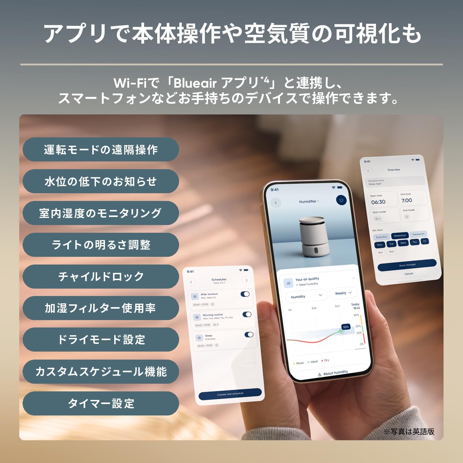 Screenshots of the Blueair app on a smartphone, demonstrating remote operation, humidity monitoring, scheduling, and other smart features.