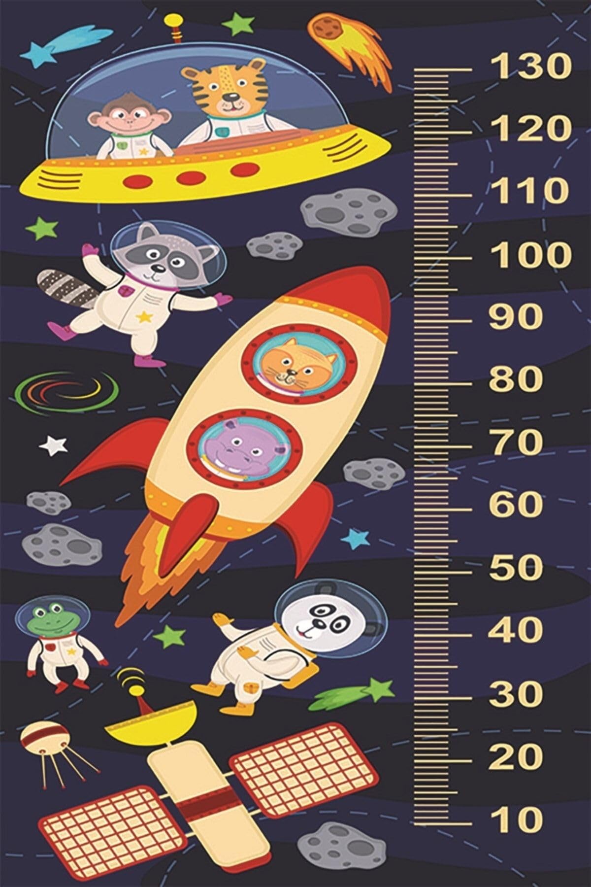 Pelangi Boy Ölçme Cetvelli Halı Dijital Baskı Yıkanabilir Kaymaz Taban Çocuk Odası Halısı, Lacivert 120 x 180