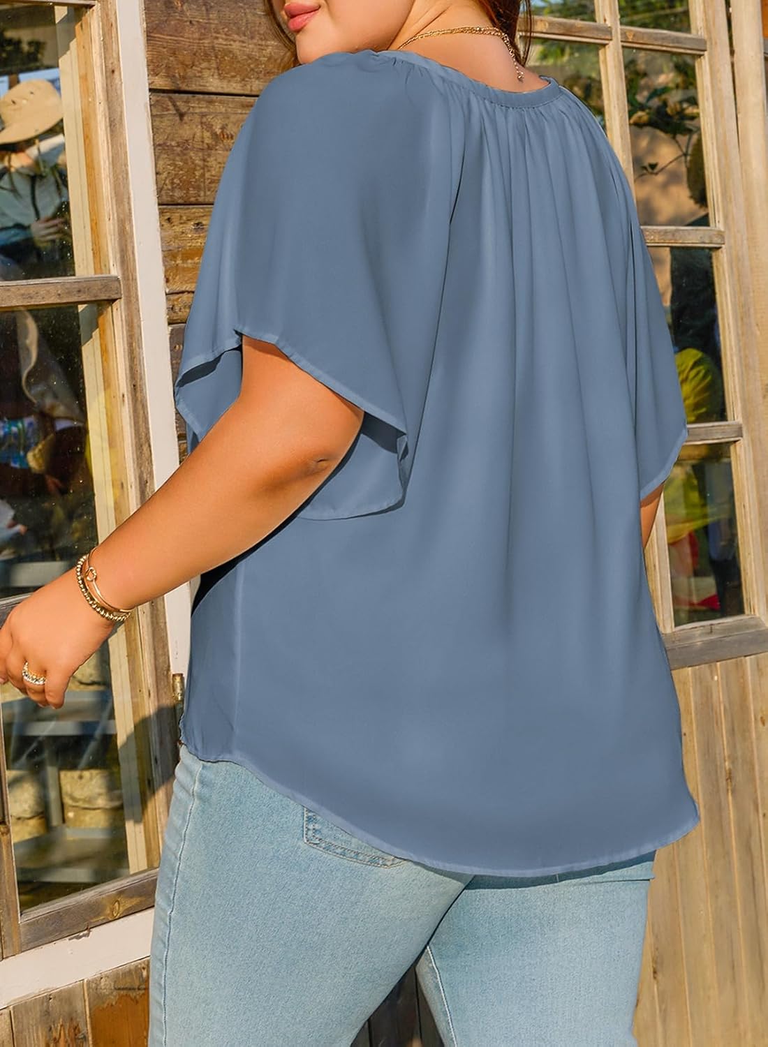 Eytino Womens Plus Size Tops Loose V Neck Bell Short Sleeve Casual Chiffon Blouses Pleated Flowy Shirts(1X-5X) - Image 2