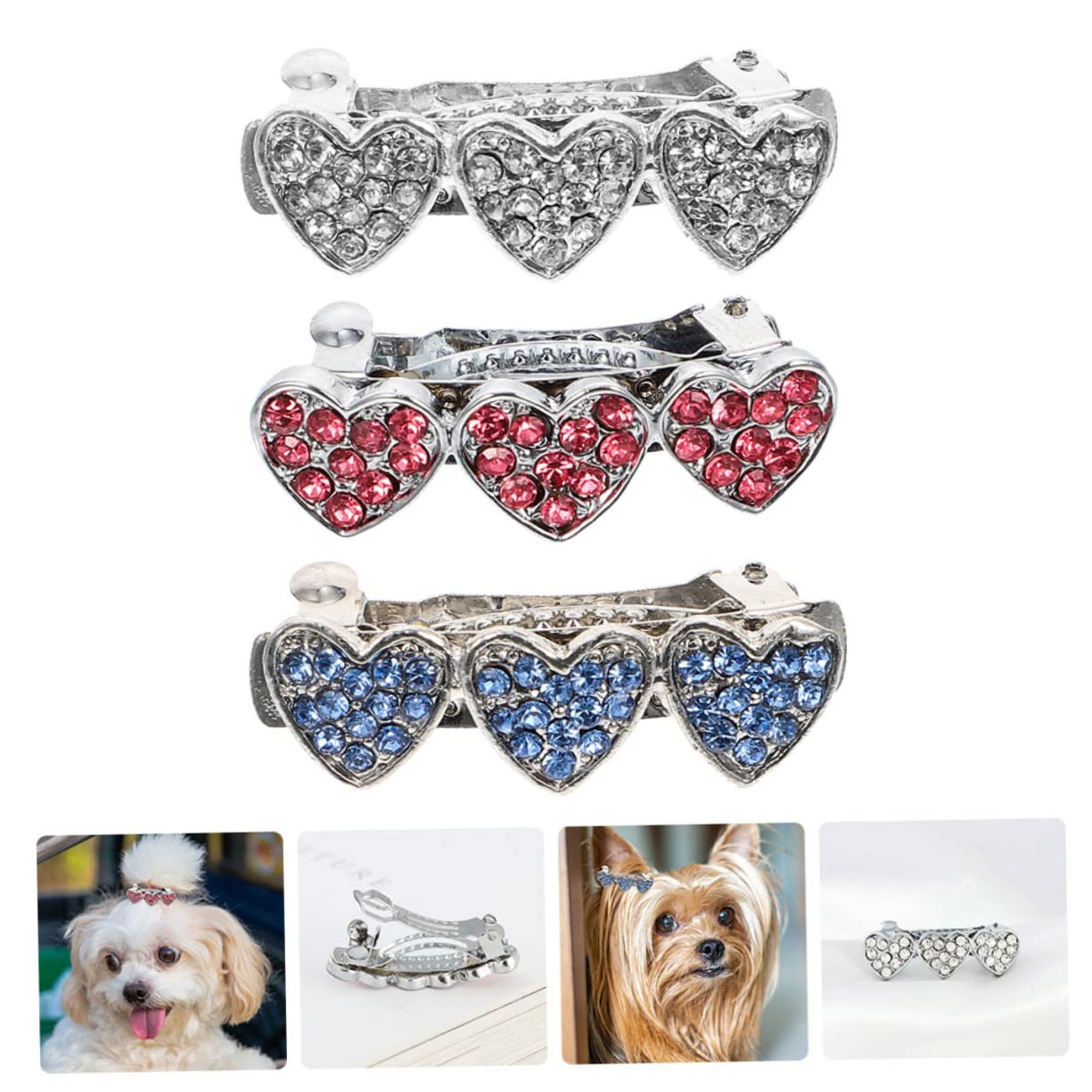 BESPORTBLE 3Pcs Pet Headwear Dog Hair Clips with Rhinestone Inlaid Heart Design Durable Barrettes for Daily Wear and Pet Photography Accessories