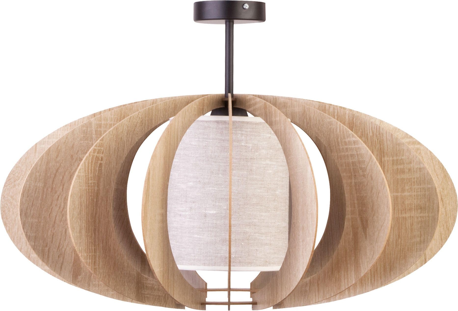 Deckenleuchte Esstisch TARIRO Holz Eiche Beige Stoff dekoratives Licht E27 Ø44cm runde Deckenlampe Wohnzimmer