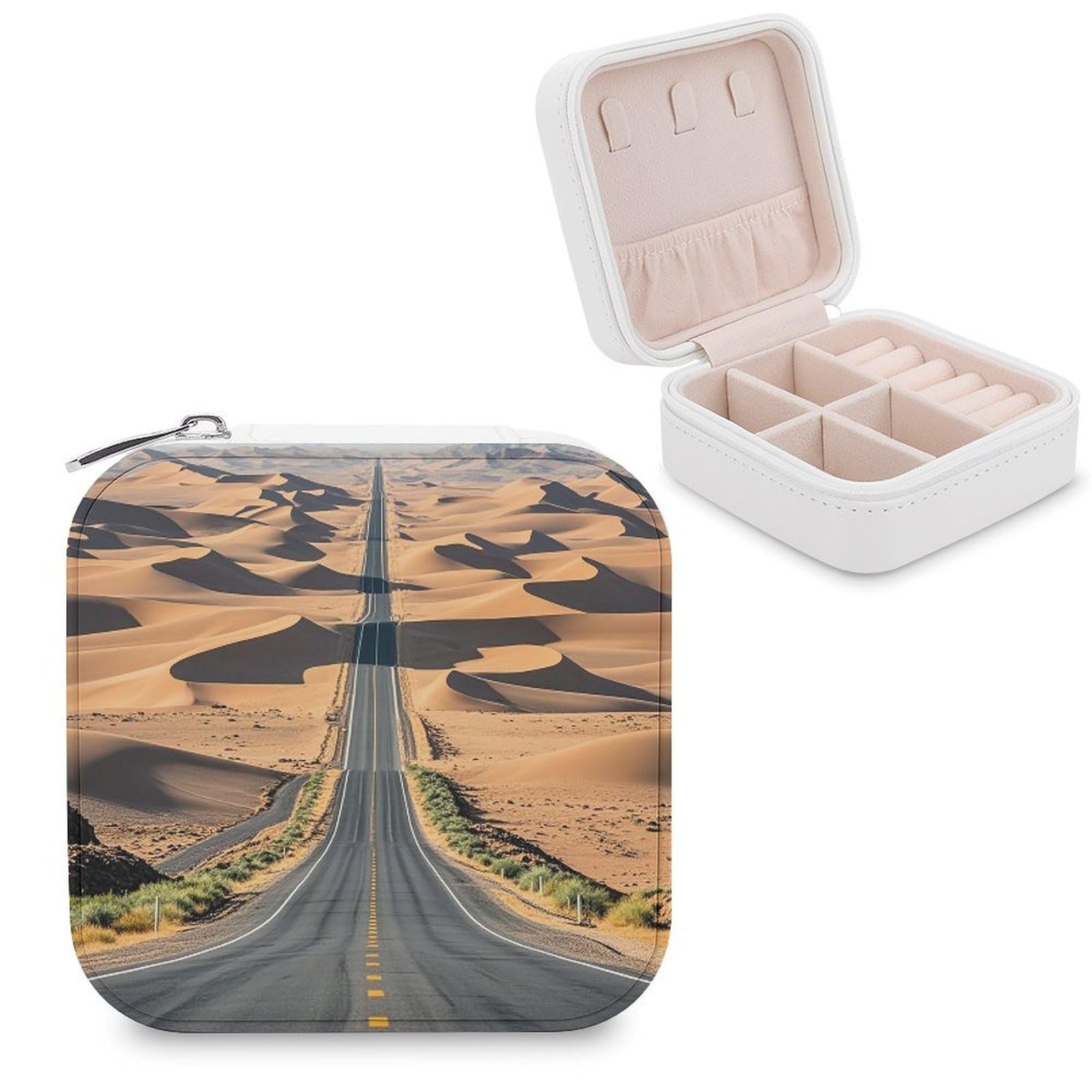 LZQPOEAS Desert Road Jewelry Box Mini Jewelry Travel Case Trendy Stuff Ring Box Custom PU Leather Jewelry Boxes Portable Jewelry Case Earring Storage Organizer for Girls Women