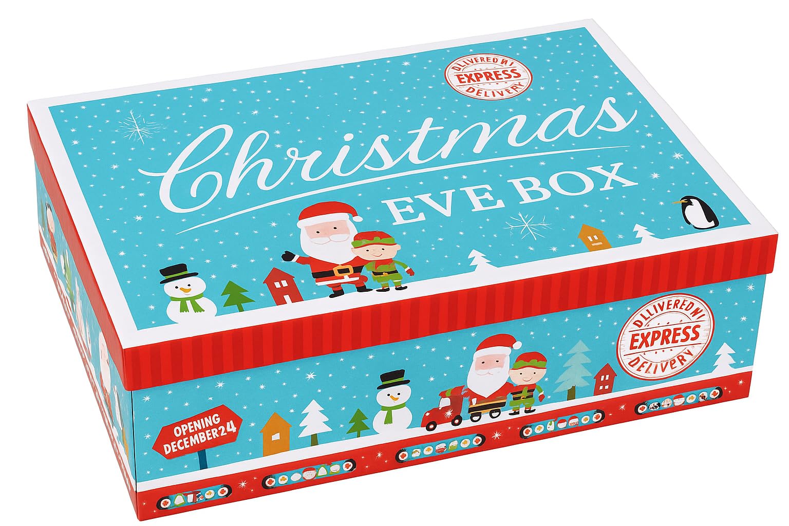 Quickdraw Blue Christmas Eve Box For Kids – Large 32Cm Santa & Character Design Gift Box With Lid – Reusable Cardboard Present Box For Xmas Eve Treats Pyjamas Chocolates Toys