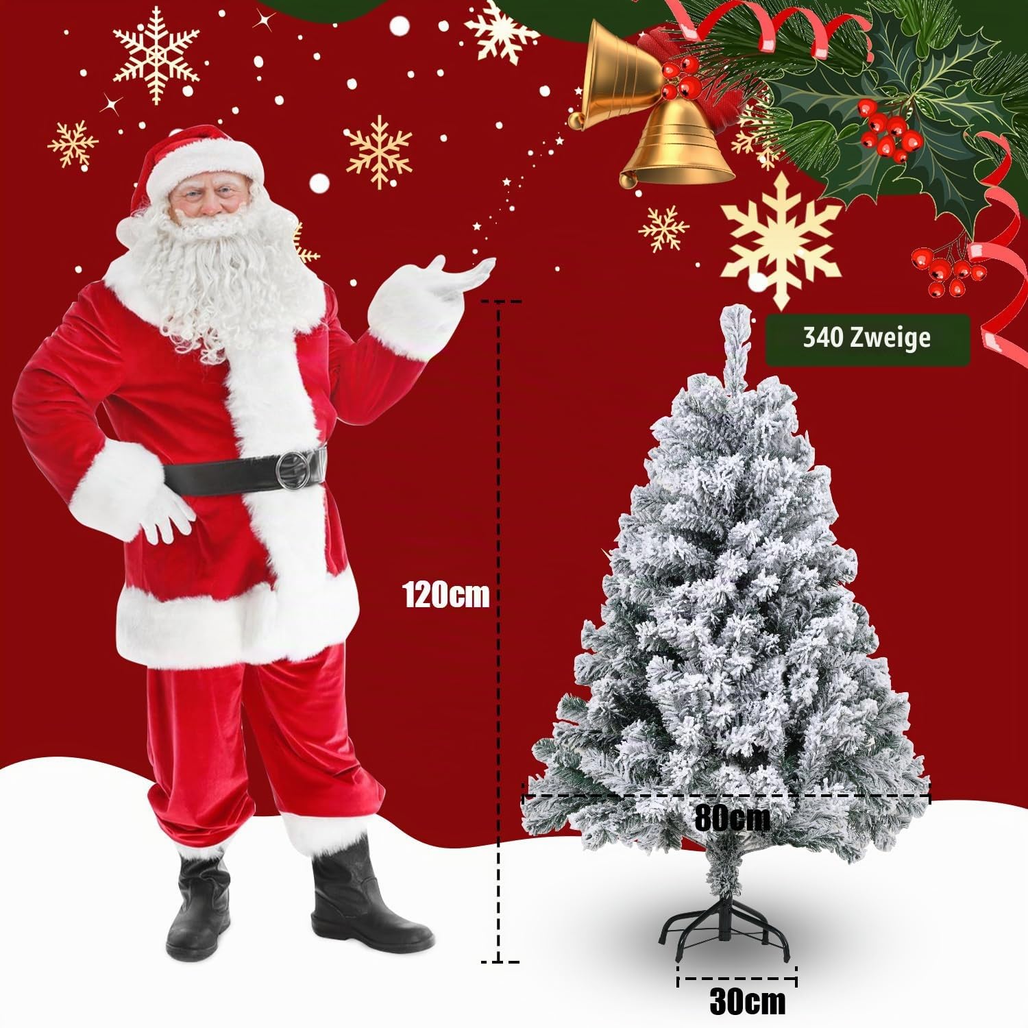 120cm Weihnachtsbaum mit Schnee Beflockt | Künstlicher Tannenbaum & Christbaum mit 340 Spitzen | Frosted Look für Weihnachtsdeko | Schnellaufbau Klappdesign,Feuerresistent