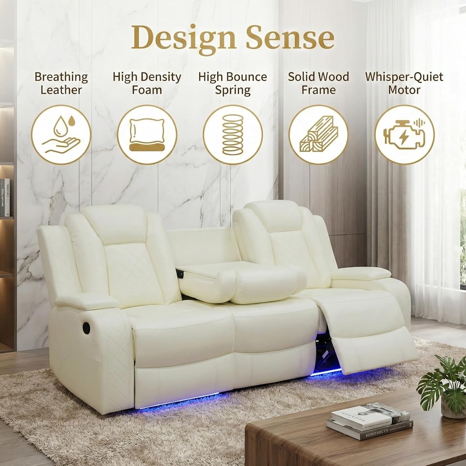3-Piece Power Recliner Set with LED Lights, Recliner Sofa Loveseat Chair with Coffee Table/Storage/USB Power Port, Living Room Furniture Set for House/Office/HomeTheater/Apt, White