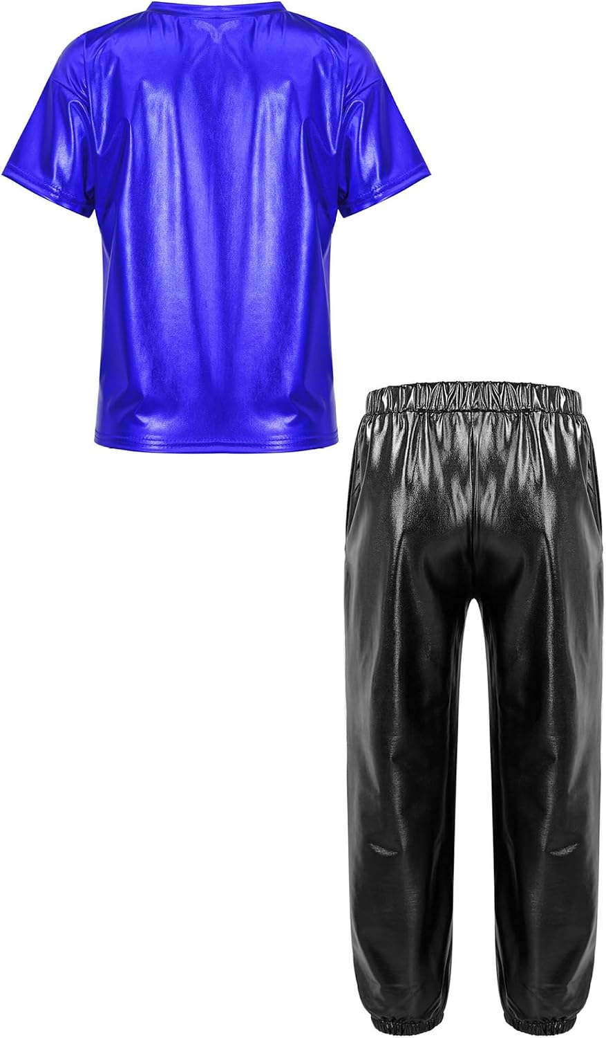 Kids Girls Boys 2 Piece Hip Hop Dance Clothes Shiny Metallic Short Sleeve T-Shirts with Pants Set Royal Blue&Black 16 Years
