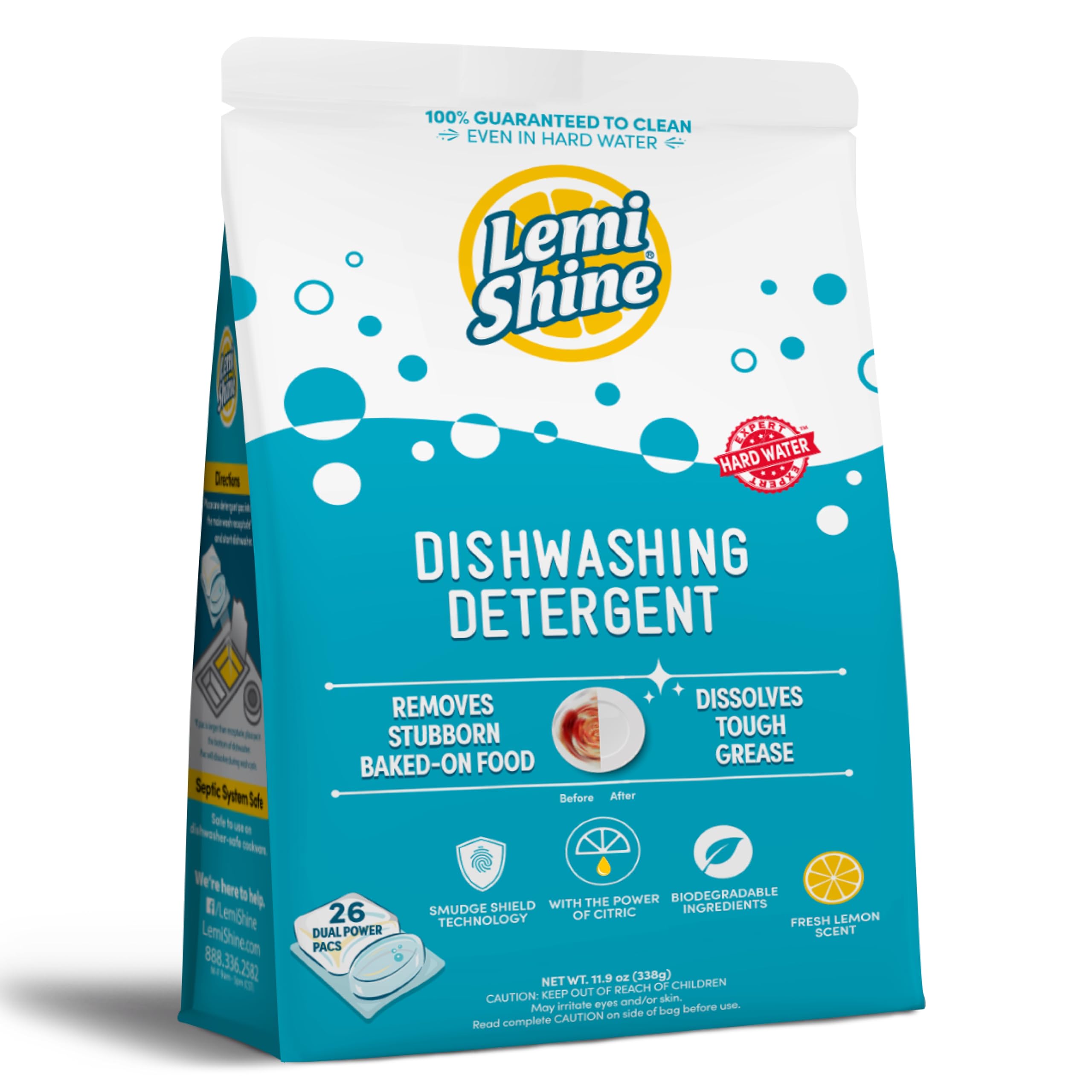 Lemi Shine Cápsulas naturales para lavavajillas, cápsulas de detergente en polvo y gel todo en uno con potente ácido cítrico, suministros de limpieza ecológicos para lavar platos (26 unidades)