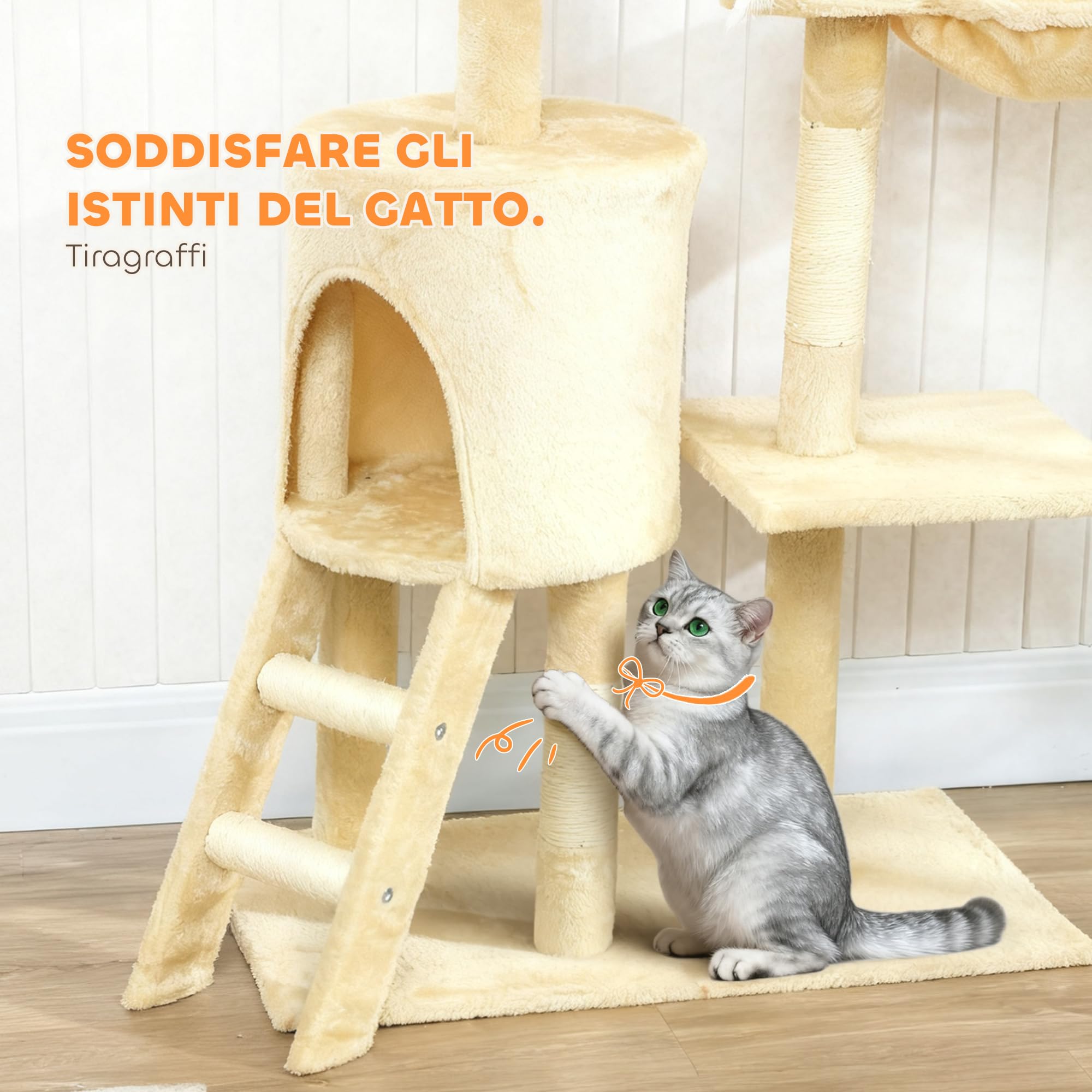 PawHut Albero Tiragraffi con Cuccia per Gatti in Legno Sisal Naturale, Beige, 40x30x131cm | Albero per Gatti Multilivello, 3 Pali Graffiatoi in Sisal, 4 Topolini Appesi, Piattaforme, Scala, Torre per Gattini, Peluche
