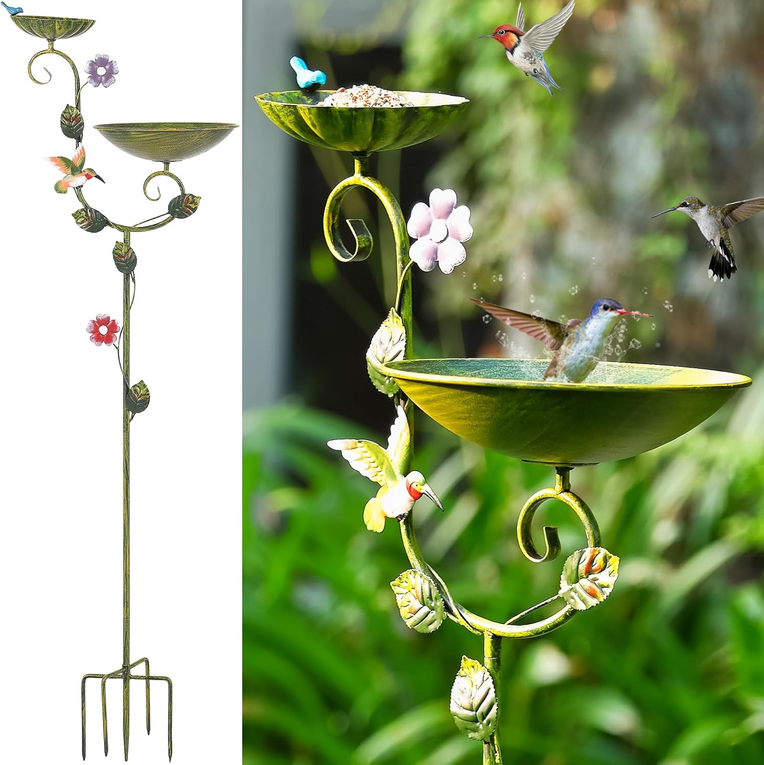 Free Standing Bird Baths for Outdoors, 58" H Decorative Bird Bath Feeder Combo with Metal Stake, Upgraded 5 Spikes Detachable Antique Birdbaths for Garden Patio Yard Lawn (Hummingbird)