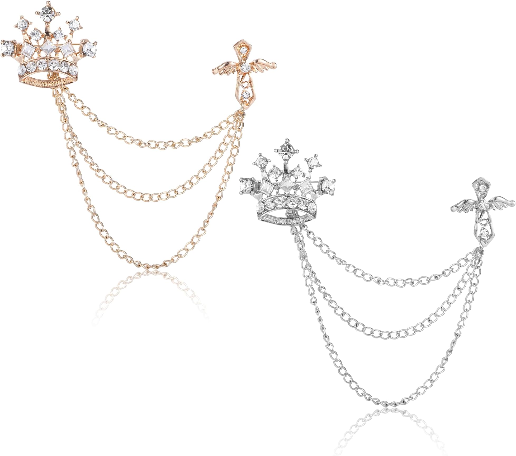 2 Pcs Crown Pins, Suit Accessories Men, Lapel Pin for Men, Brooch Pin, Suit Chain for Men, Suit Pins for Men, Crown Brooch Pin, Chain Brooch, Tuxedo Accessories Men, Wedding Brooch Pin (Gold & Silver)