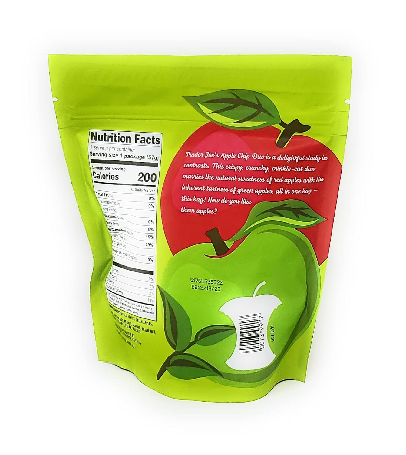 Trader Joe's Apple Chip Duo Dried Crinkle Cut Red & Green Apples Net Wt. 2Oz - Pack of 3