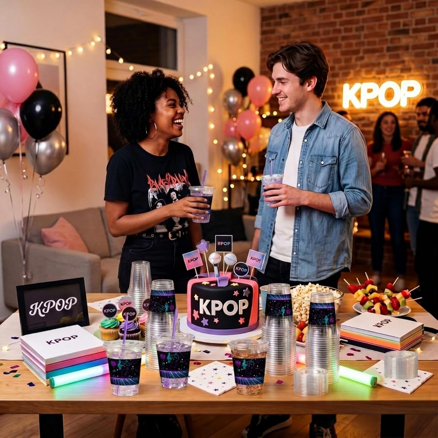 Jingmore 50 Pcs 12 oz Kpop Plastic Party Cups with Lids Straws Music K Pop Birthday Decorations Disposable Cups for Magical Music Theme Party Supplies