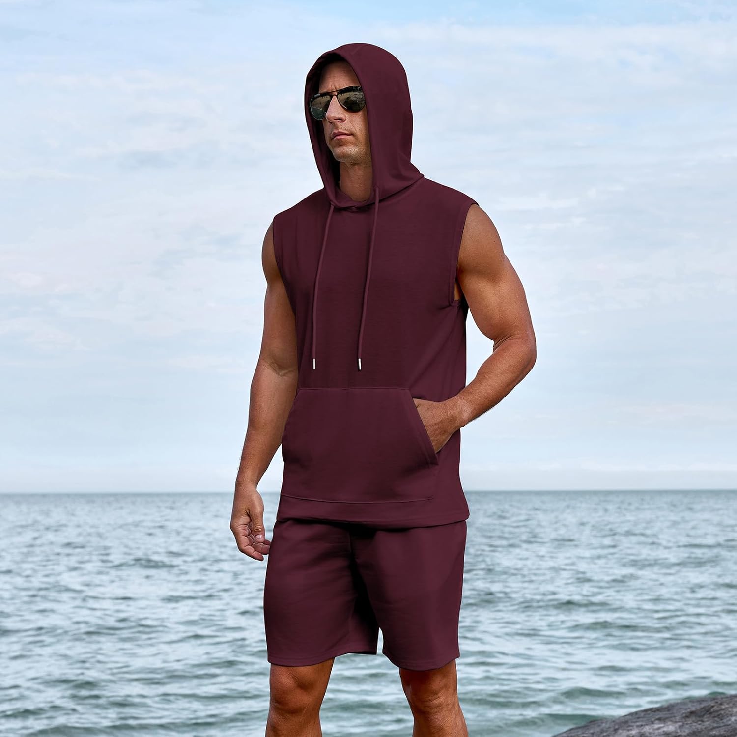 Uni Clau Men's Short Sleeve Summer Tracksuit Hooded Tanks Tops Sweatsuit 2 Piece Casual Sports Shorts Set - Image 6