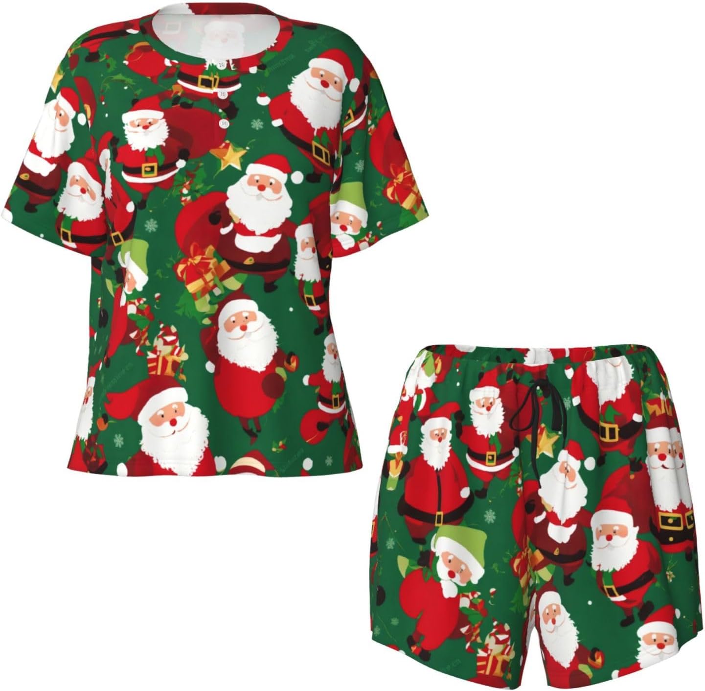 Xmas Funny Gnomes Print Women's Short-Sleeved Pajama Pajamas Set Shorts Pajama Short Sleeve Sleepwear Black