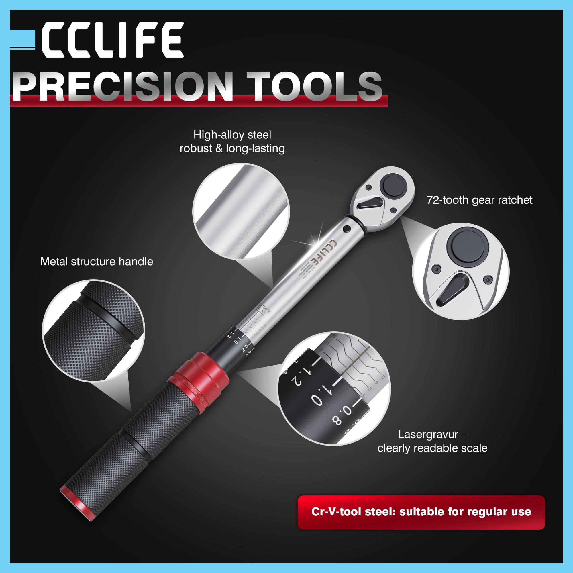CCLIFE Klucz dynamometryczny 1/4 cala Click 1-25 Nm – precyzyjny moment obrotowy klucz do roweru i motocykla, niezawodne kliknięcie, łatwe ustawienie skali do warsztatu i prac typu "zrób to sam"