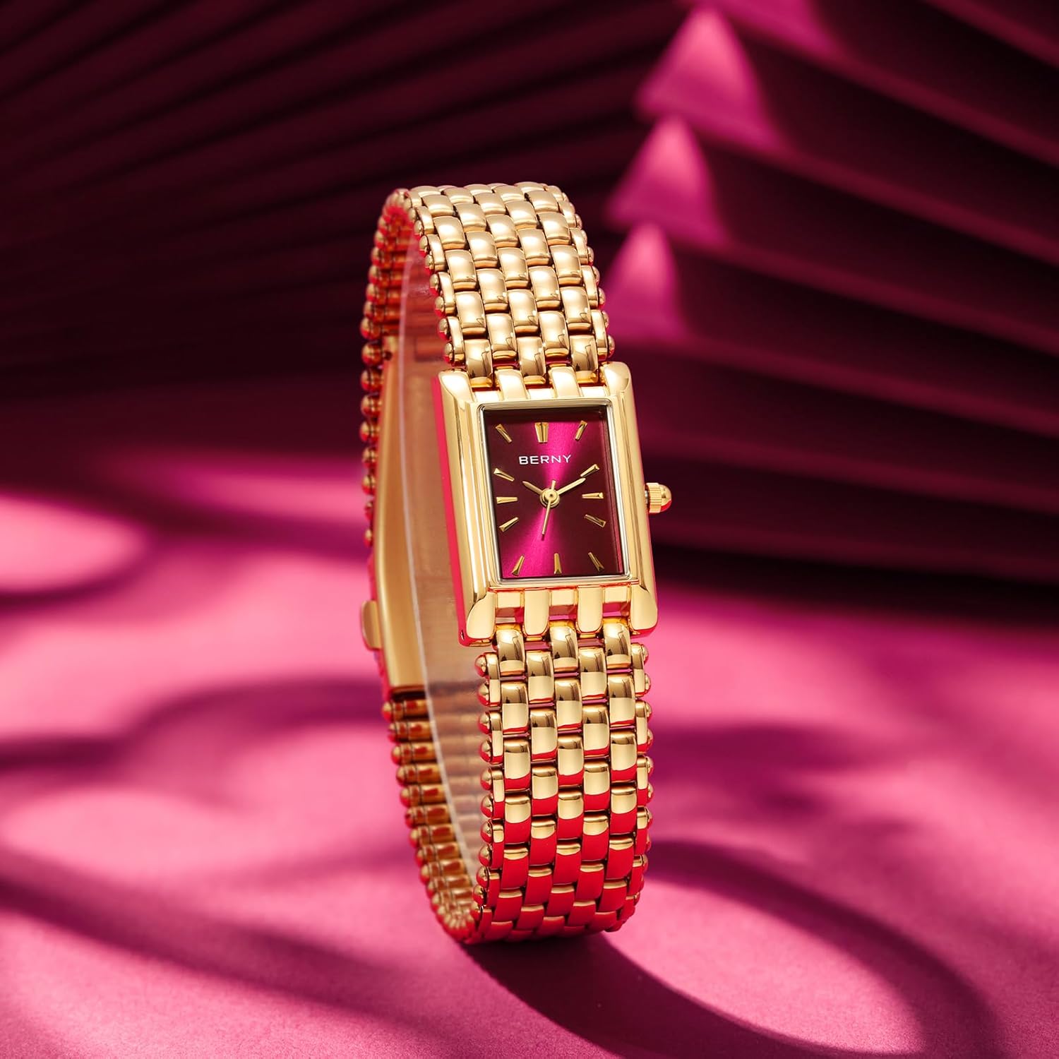 BERNY Dainty Gold Watch for Women, Rectangular Women's Wrist Watch, Small Fashion Ladies Bracelet - All Stainless Steel, Waterproof, Sun-ray Dial, Luxury Birthday Present - Image 7