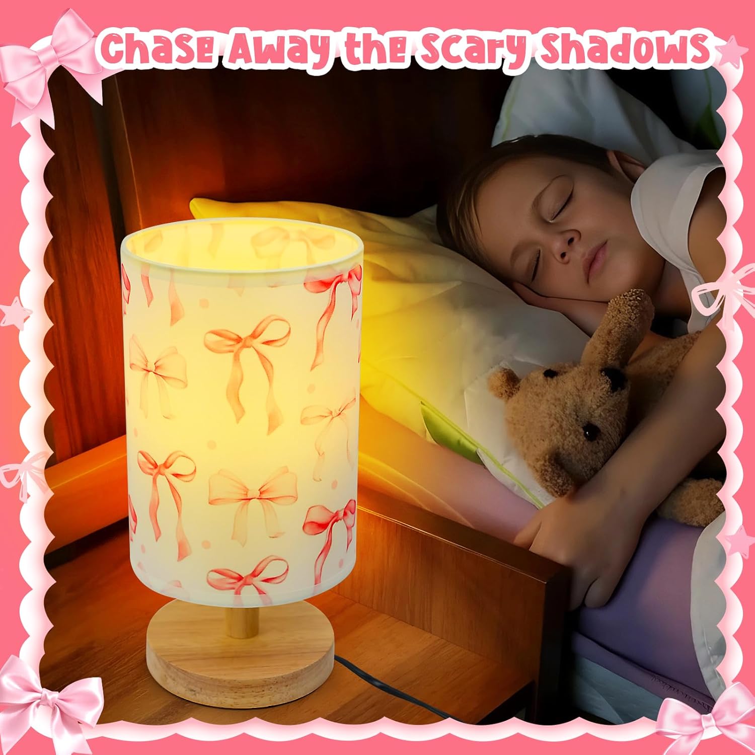 Kids Table Lamp for Bedroom Kids Bedside Lamp with Linen Wooden Nightstand Cartoon Nursery Lampshade for Boys Girls Room Decor (Pink Bow)