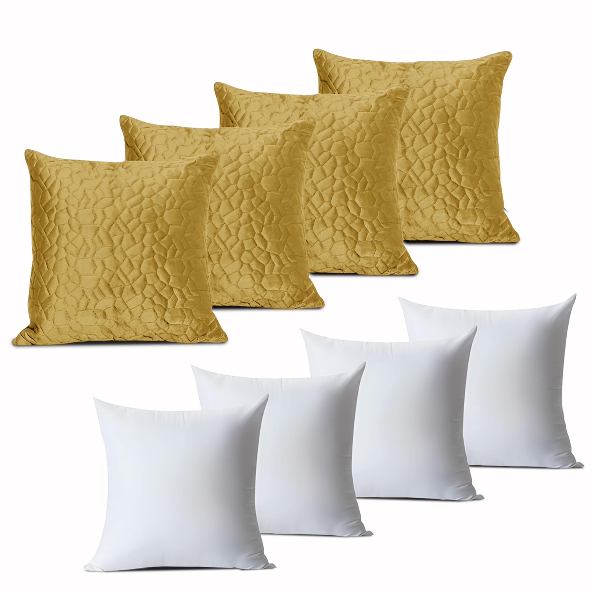 INSPIRE HOMEWARE Pebble Cushions with Covers Included Pack of 4 Ochre 45 x 45 cm (4 covers,4 inners) Embossed Velvet Square Throw Pillowcases with Hidden Zipper for Sofa Office Car Bedroom