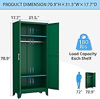 Vista 2 de Armario de metal de 71 pulgadas, armario ropero de acero con estantes ajustables y barra para colgar, armarios de acero para el hogar con patas