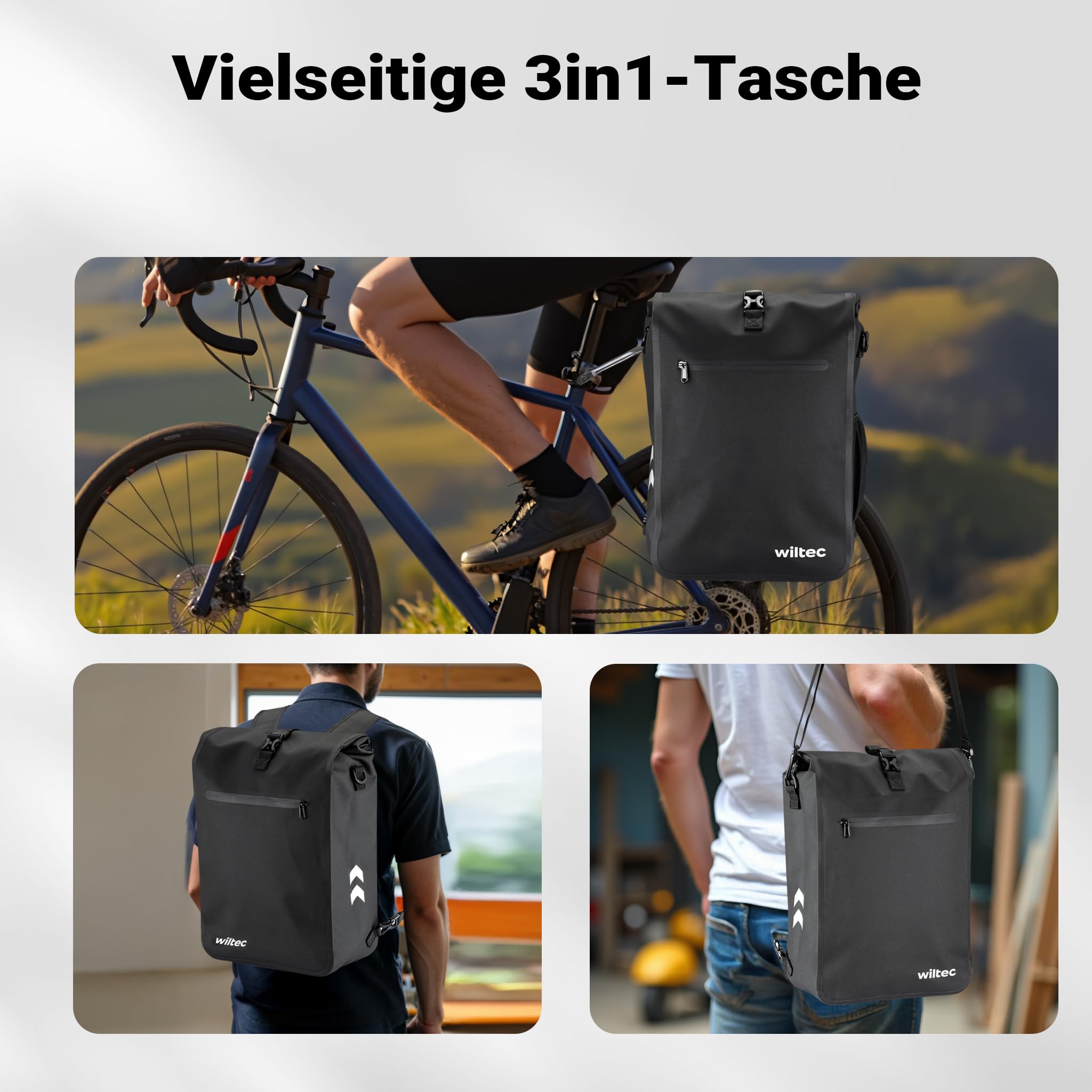 Wiltec Gepäckträgertasche schwarz, Fahrradtasche Rucksack 25 l Stauraum, Gepäcktasche mit Laptopfach, wasserresistente Fahrrad Tasche