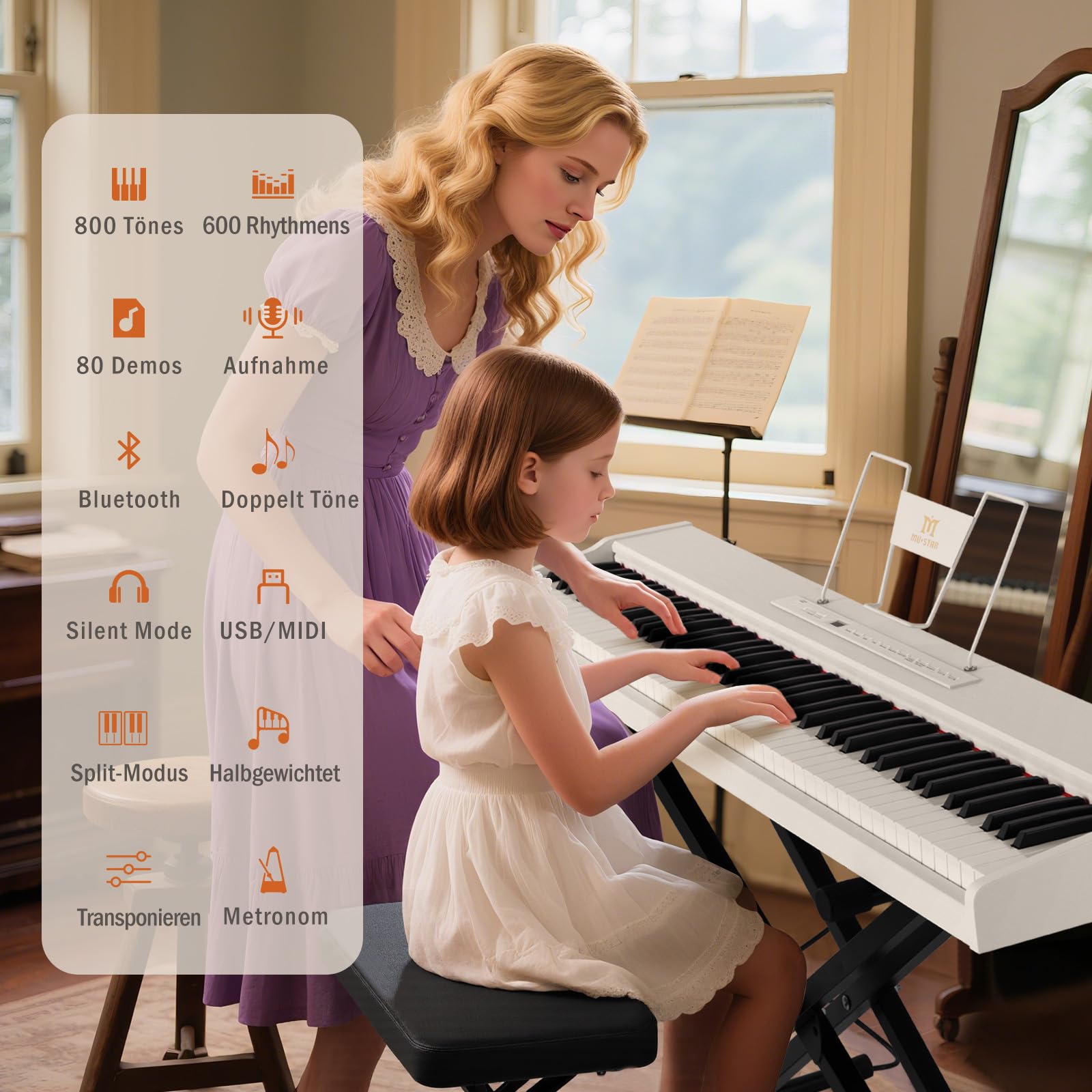 MUSTAR Digital Piano 88 Halbgewichtete Tasten mit Ständer, Volle Größe 88 Tasten Klavier für Anfänger, Tragbares E Piano, mit Kabellose Verbindung, Koffer, Sustain-Pedal, Weiß